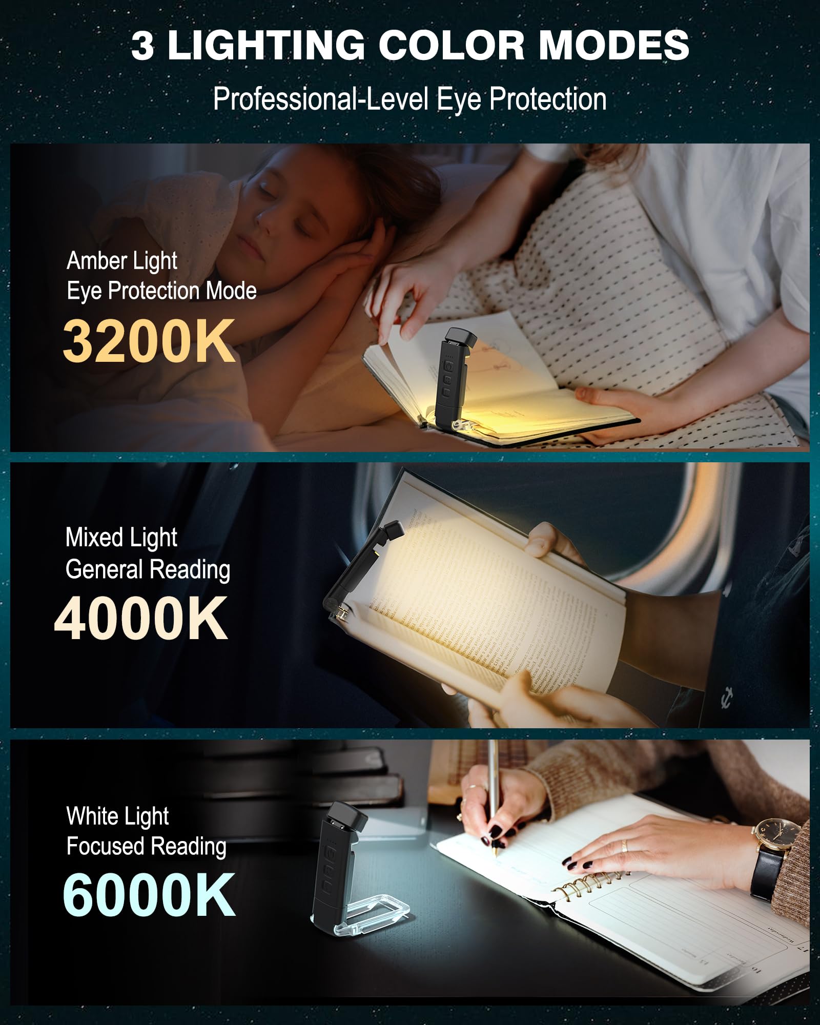 Reading Light With 5 Magnetic Bookmarks, Book Lights For Reading In Bed, Rechargeable Reading Lamp With 2 Timing Modes, 3 Color