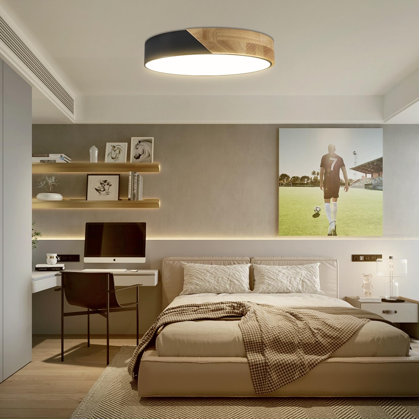 Ketom Modern Flush Mount Ceiling Light Fixture 12 Inch Led Ceiling Light, 24W Minimalist Round Shaped Wood Ceiling Lamp Natural White 4500K, Not Dimmable