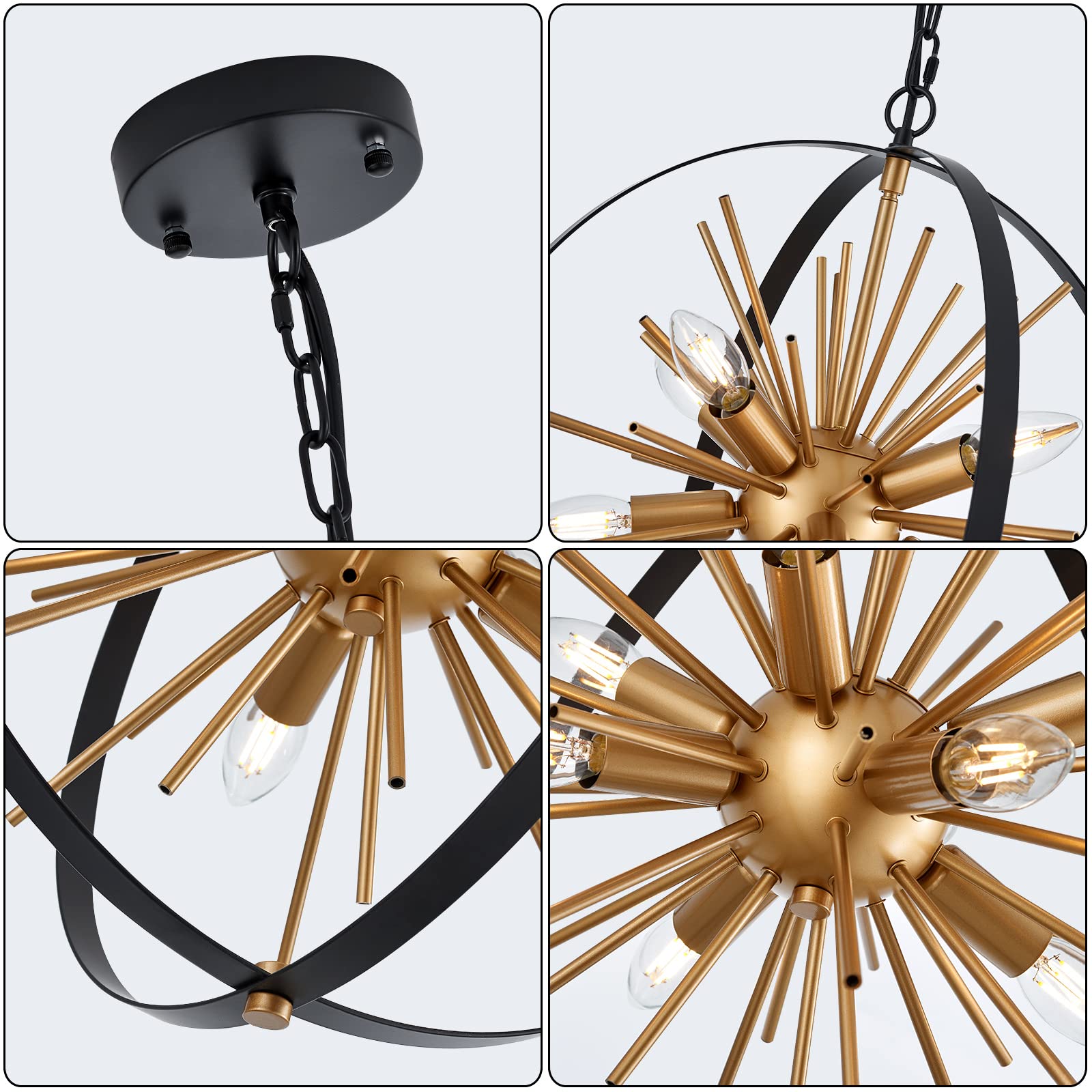 TACDANDM 8-Light Black Gold Sputnik Chandelier, 17.72'' Adjustable Metal Pendant Light for Entryway, Kitchen, Living Room