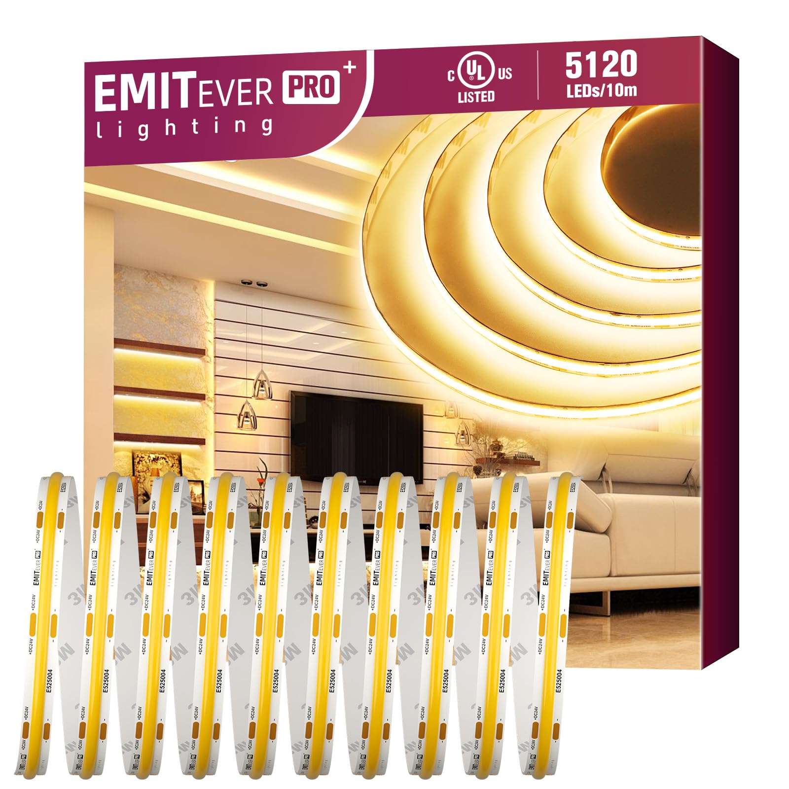 Emitever Warm White Cob Led Strip Lights 32.8Ft, 3000K, 400+ Lumens, Ul Listed