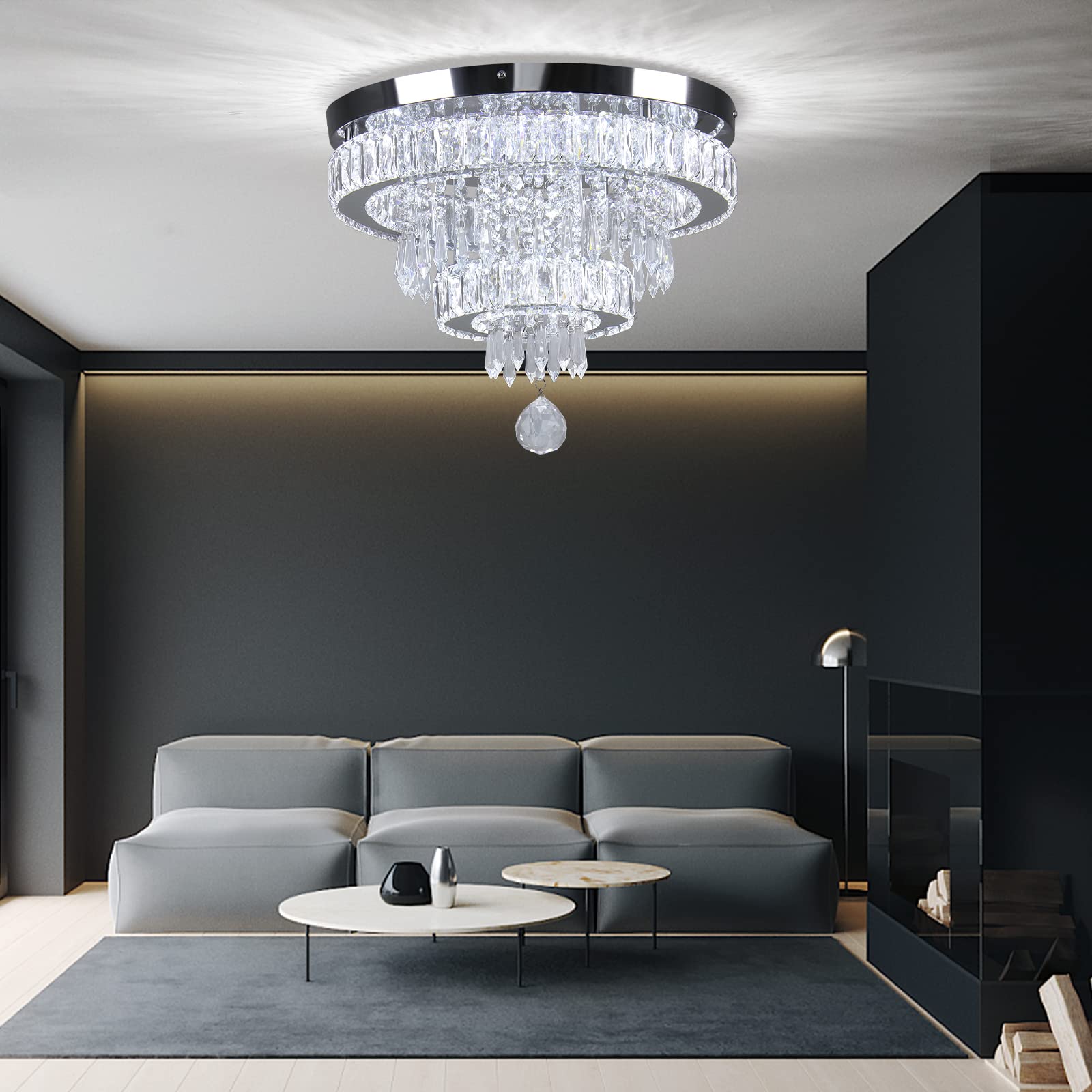 Cainjiazh 16" Crystal Chandelier LED Ceiling Light Fixture, Modern Flush Mount, Stainless Steel, White, Model 2040XD-WHITE