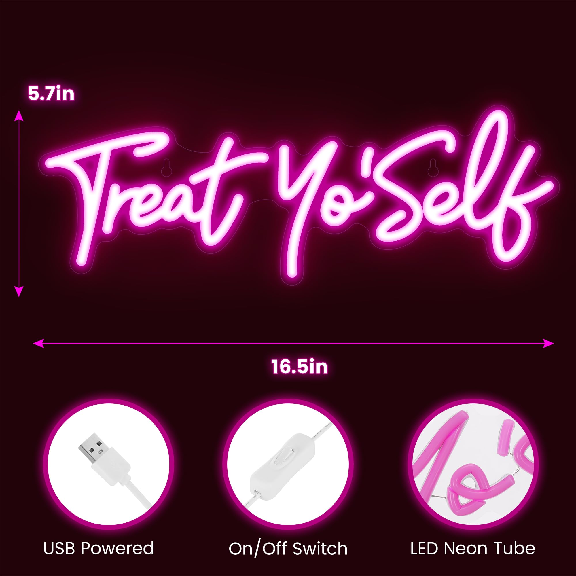 Kavaas Neon Sign - Treat Yourself Pink LED Wall Decor - 16.5"x5.7" Plastic Light Up Sign for Bedroom, Bar, Office, Dorms
