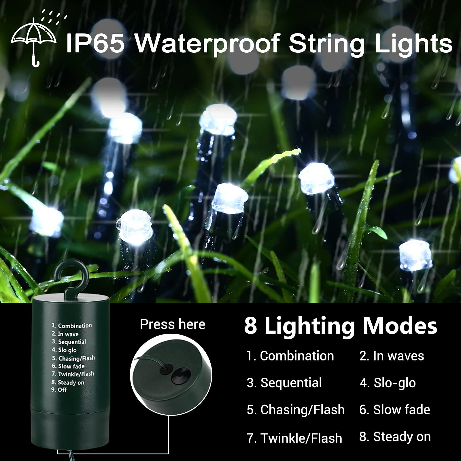 Flacchi White Christmas Lights, 66 Ft 200 Led Battery Operated String Lights Waterproof 8 Modes & Auto Timer Mini Lights For Xmas Decorations, Halloween, Holiday Decor Outdoor Indoor