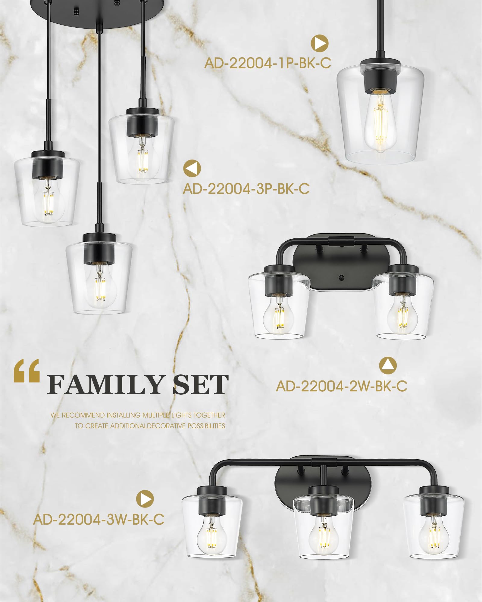 Audickic 3-Light Matte Black Bathroom Vanity Light Fixtures with Clear Glass, Model AD-22004-3W-BK-C