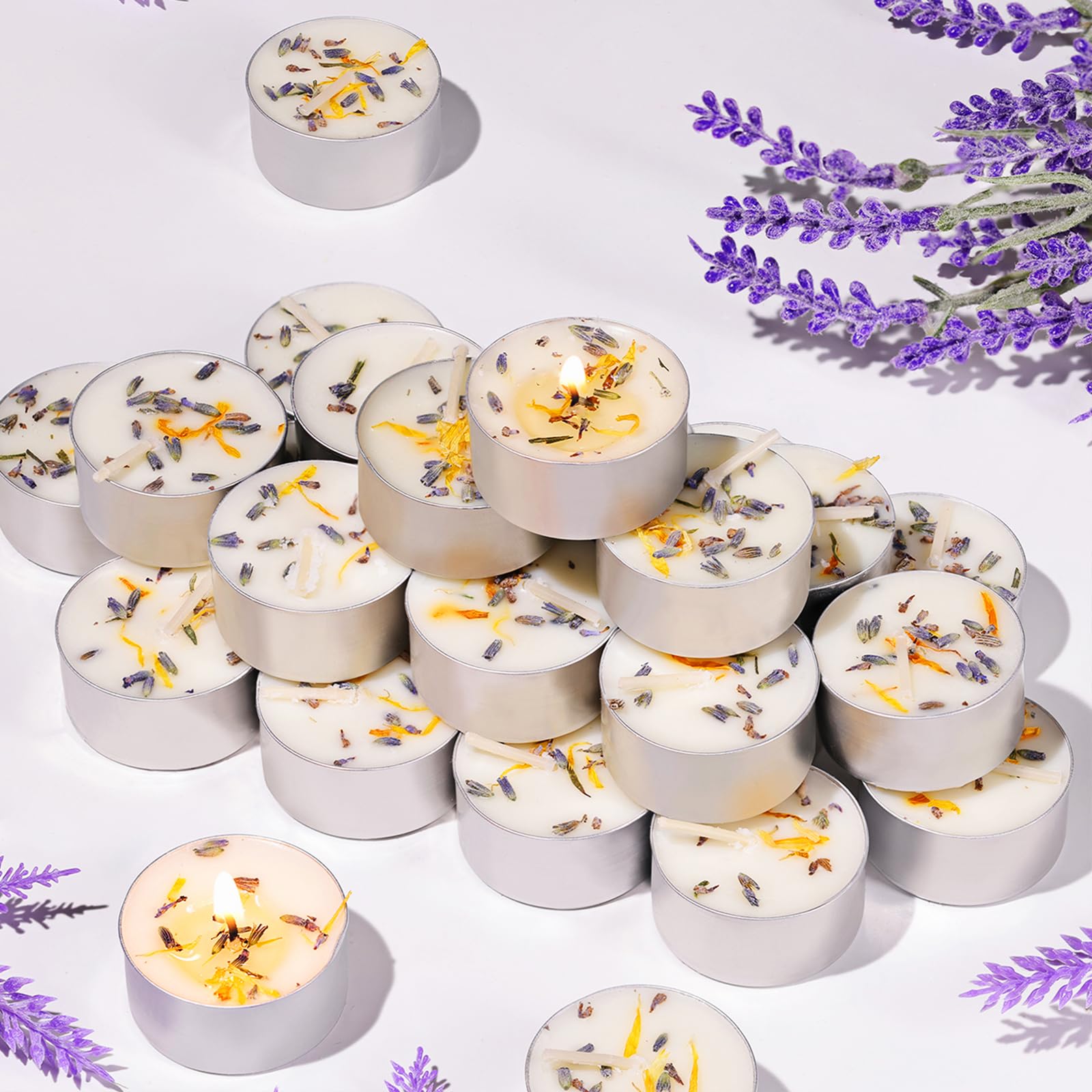 48 Pcs Lavender Scented Tealight Candles  6H Long Burning - 100% Palm Wax Based Scented Tea Lights with Dried Flowers  Non-Toxic/Smokeless Scented Tea Lights Candles Bulk for Spa  Bath  Wedding