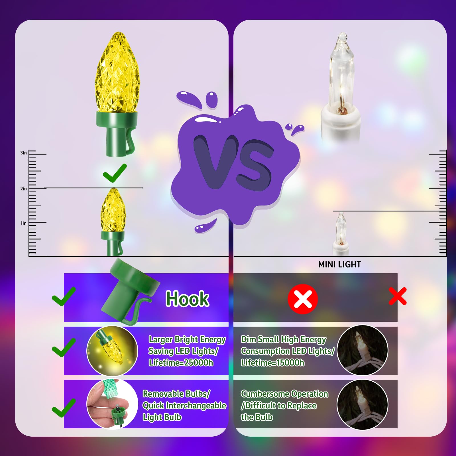 Solar String Christmas Lights C7 31Ft 50 Led Colourful Strawberry Hanging Lights Outdoor Waterproof Green Wire Fairy Light Decor