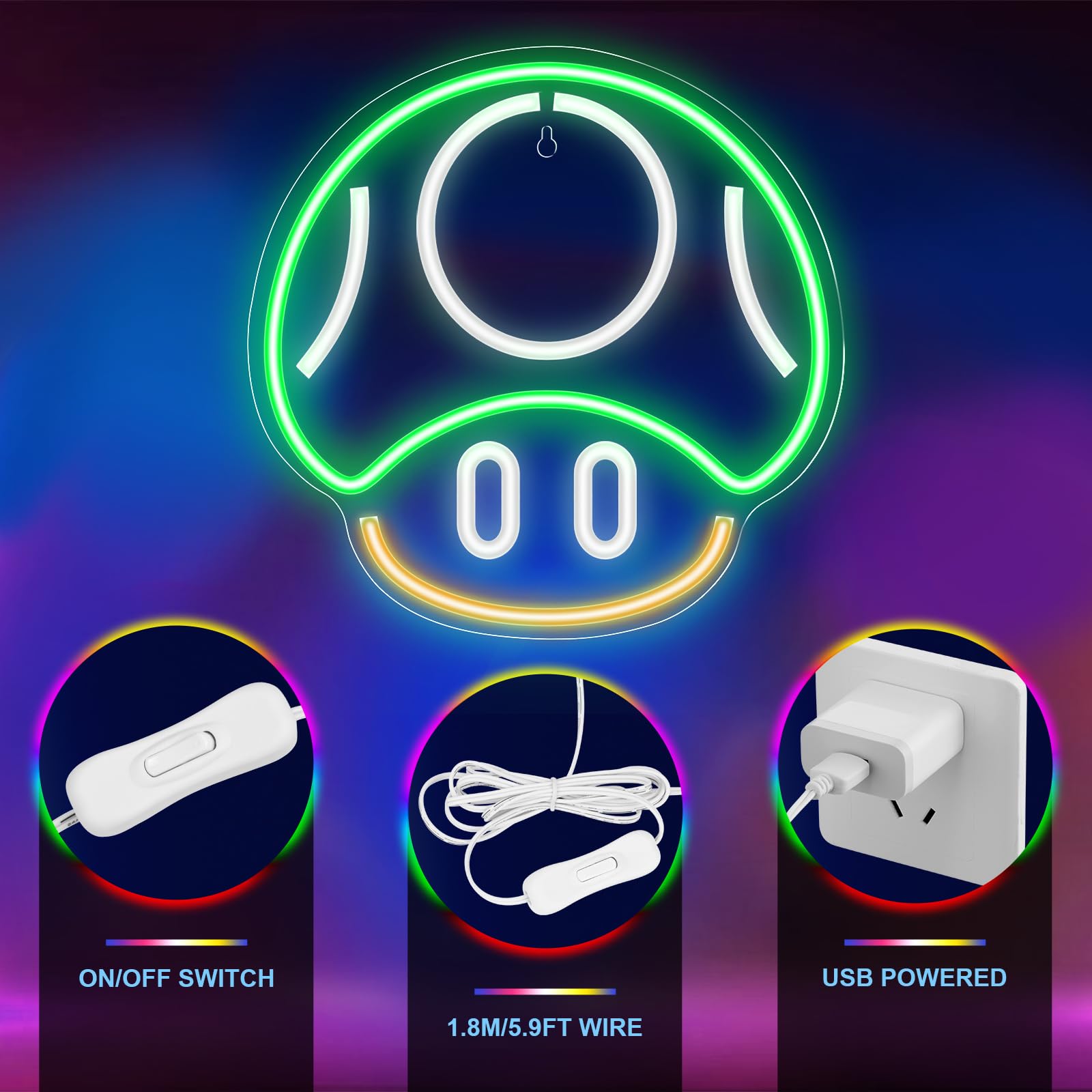 Kavaas Green Gaming Neon Sign - Mushroom Wall Decor For Game Room, Kids & Man Cave