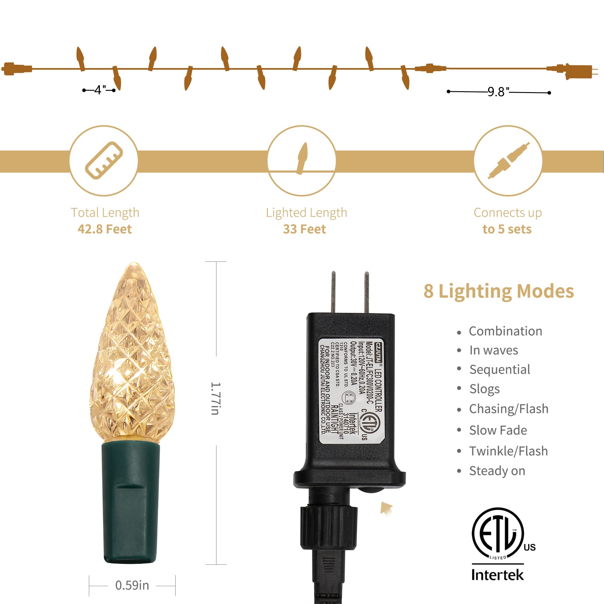 WATERGLIDE Christmas Lights 33ft 100 LED Warm White Faceted String Lights Green Wire Waterproof 8 Lighting Modes Indoor Outdoor