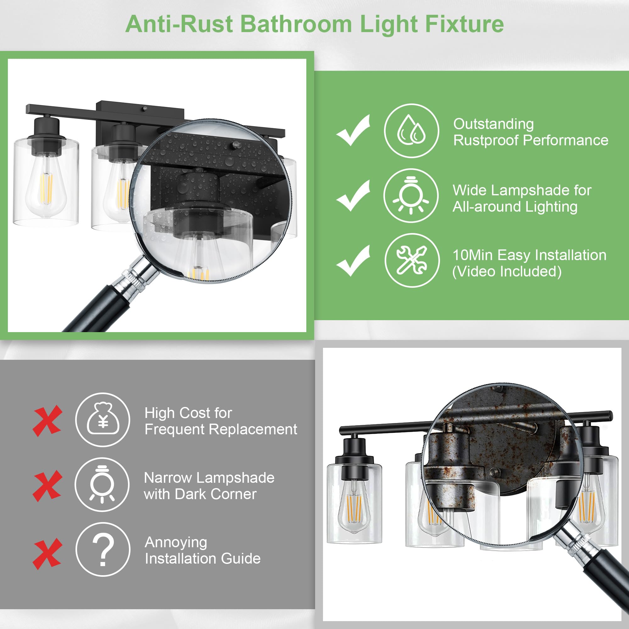 Dekang 4-Light Black Bathroom Vanity Light Fixture, Modern Anti-Rust Wall Sconce With Clear Glass Shades