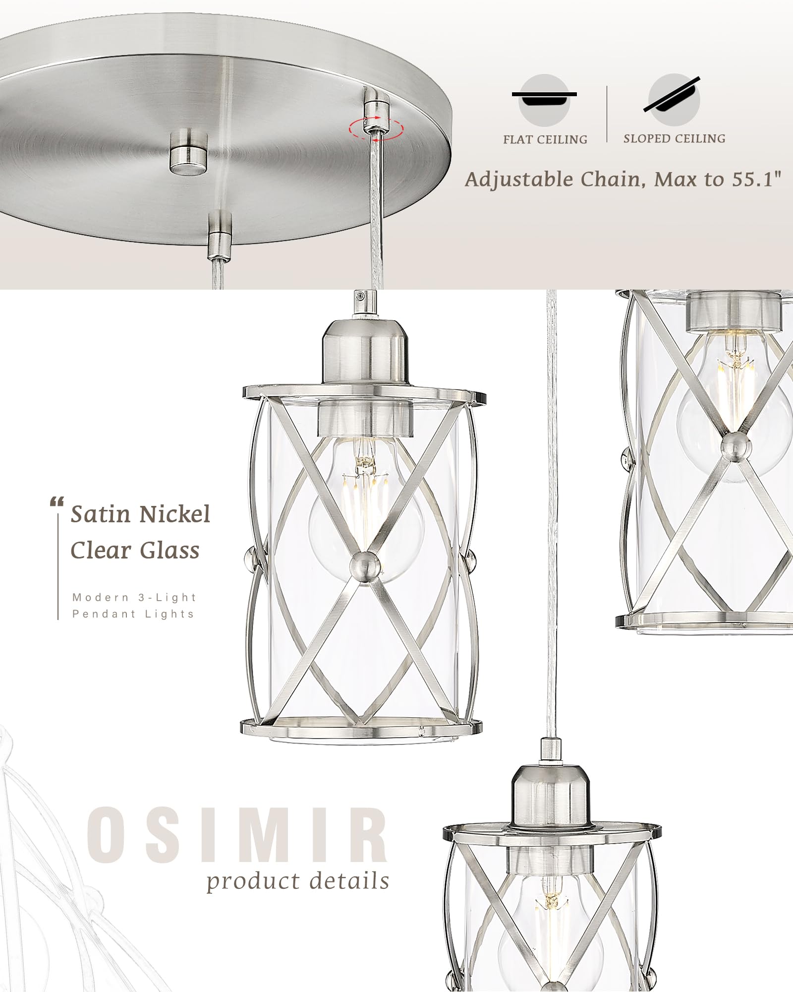 Osimir 3-Light Brushed Nickel Chandelier With Clear Glass For Dining Room & Kitchen Island