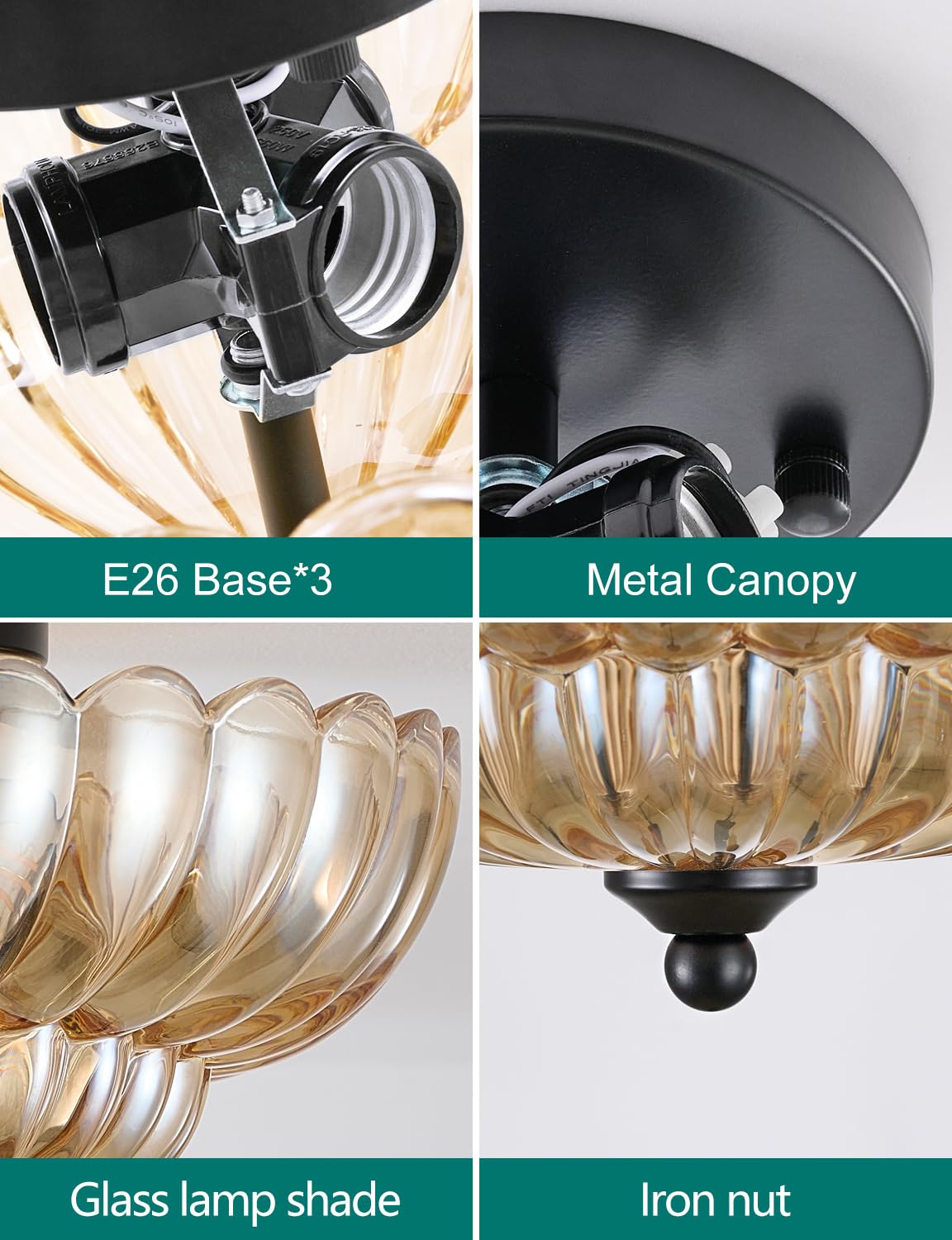 SIJINCHEN Semi Flush Mount Ceiling Light - 3-Bulb Amber Glass Fixture for Bedroom, Kitchen, Living Room, 11.8 Inch, Vintage Style