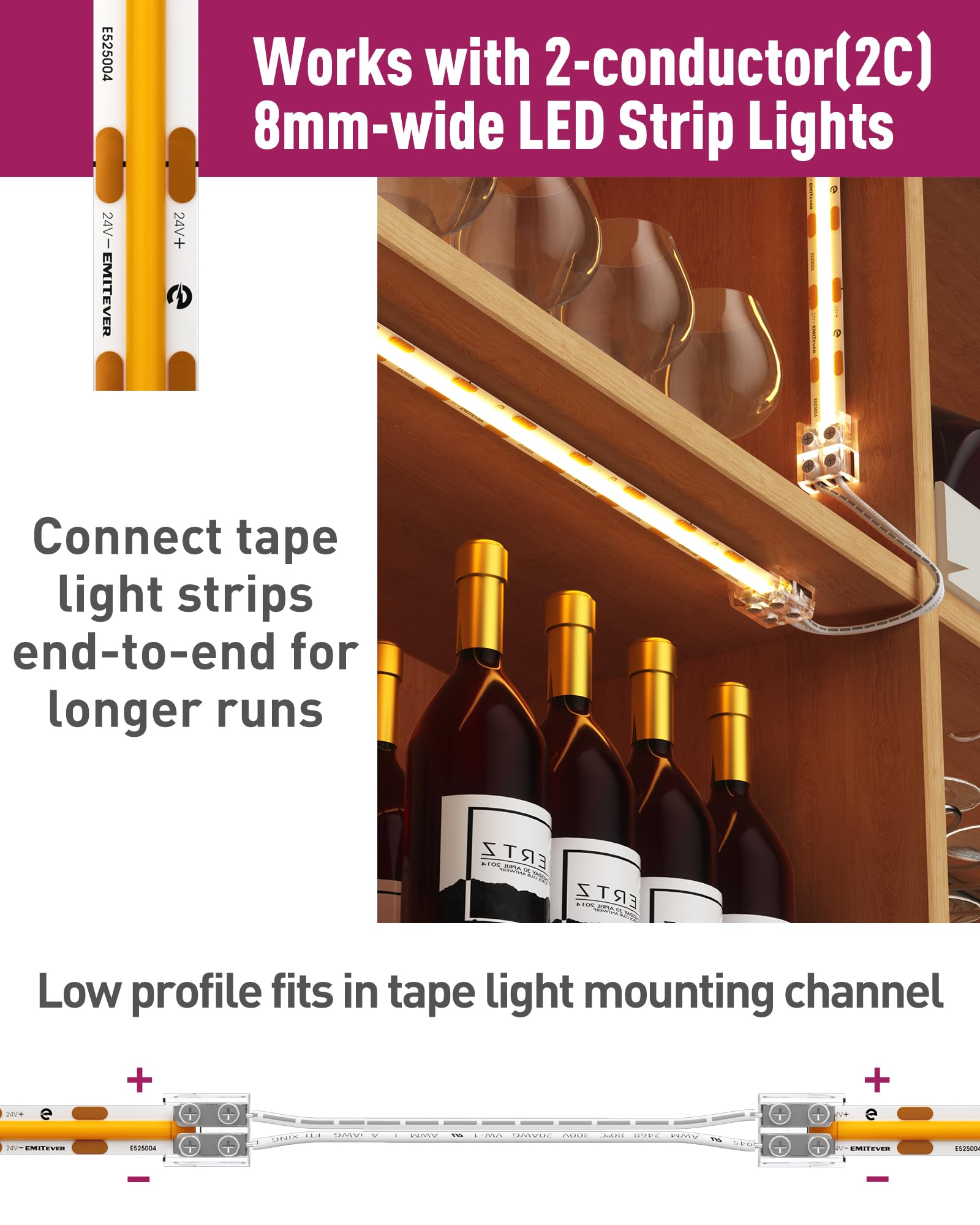 Emitever Led Strip Connectors,6 Packs Led Tape Light Connector 2 Pin Solderless Tighten Screw Transparent Wire Lead Connector Fo