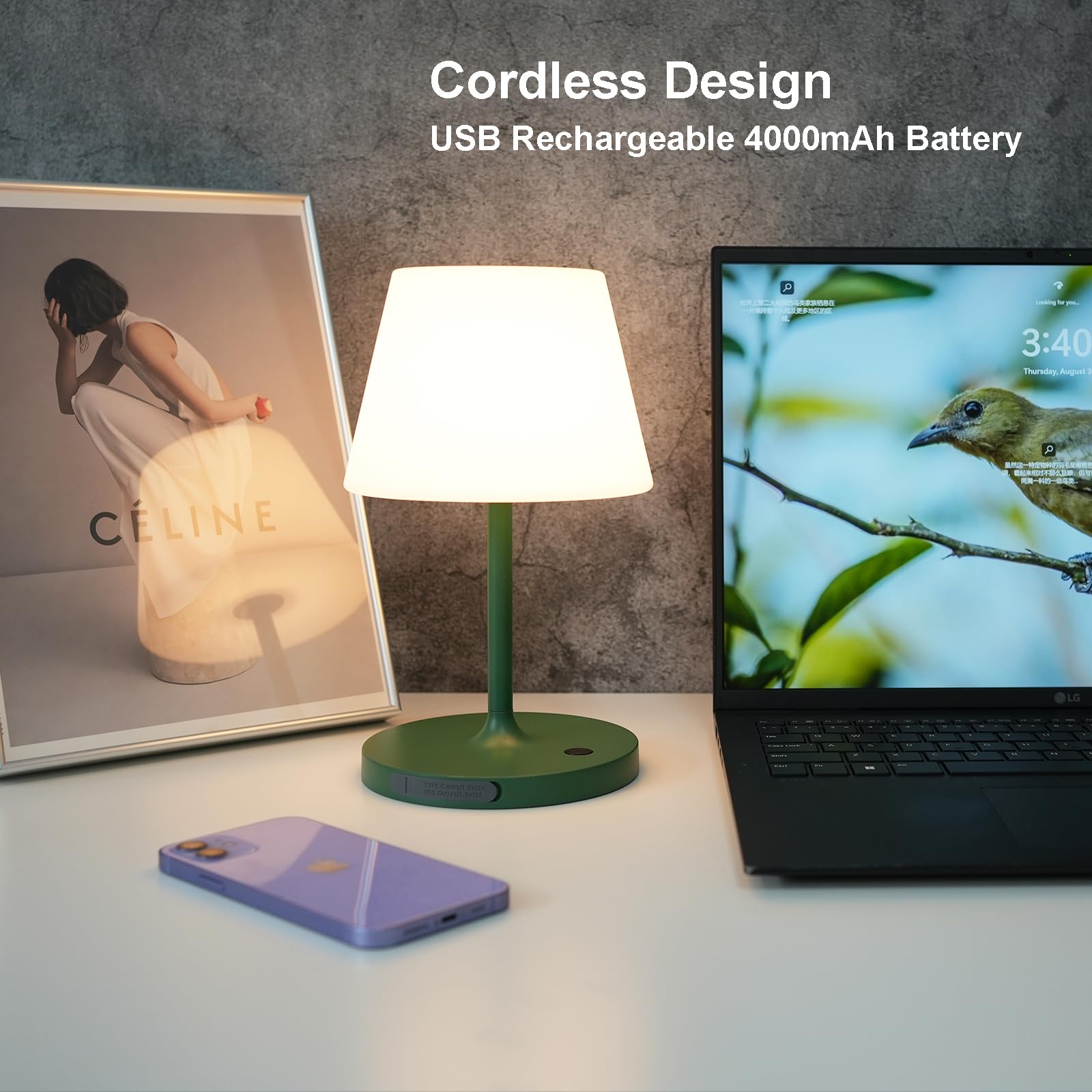 Lotitol Cordless Usb Rechargeable Outdoor Table Lamp, 4000Mah, Ip44 Waterproof, Green, 9.6