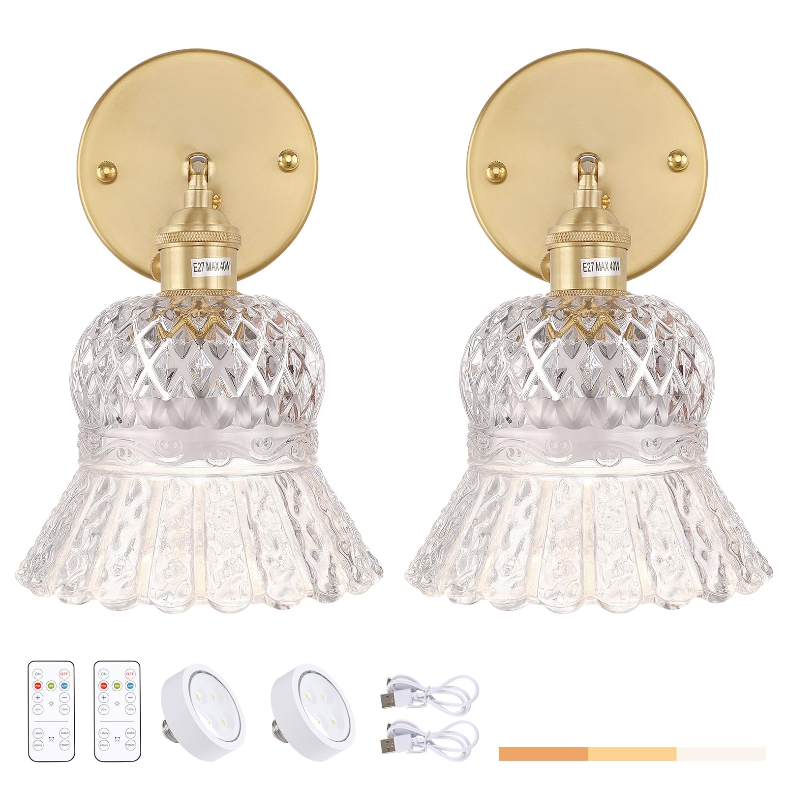 Shenmoyl Vintage Wall Sconces Set of Two, Rechargeable LED Light, Battery Operated, Pineapple Transparent, Model 1-94967-sconc