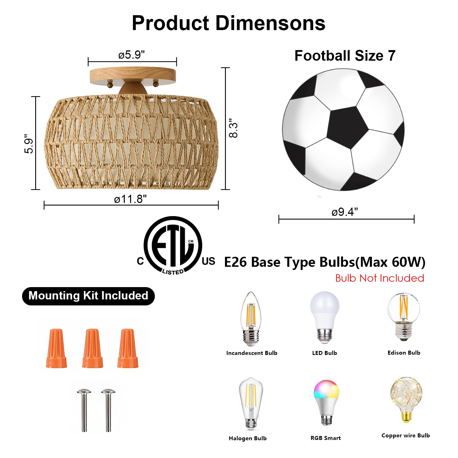 Alaislyc Boho Rattan Flush Mount Ceiling Light 12&quot; Rustic Wicker Fixture For Home Décor