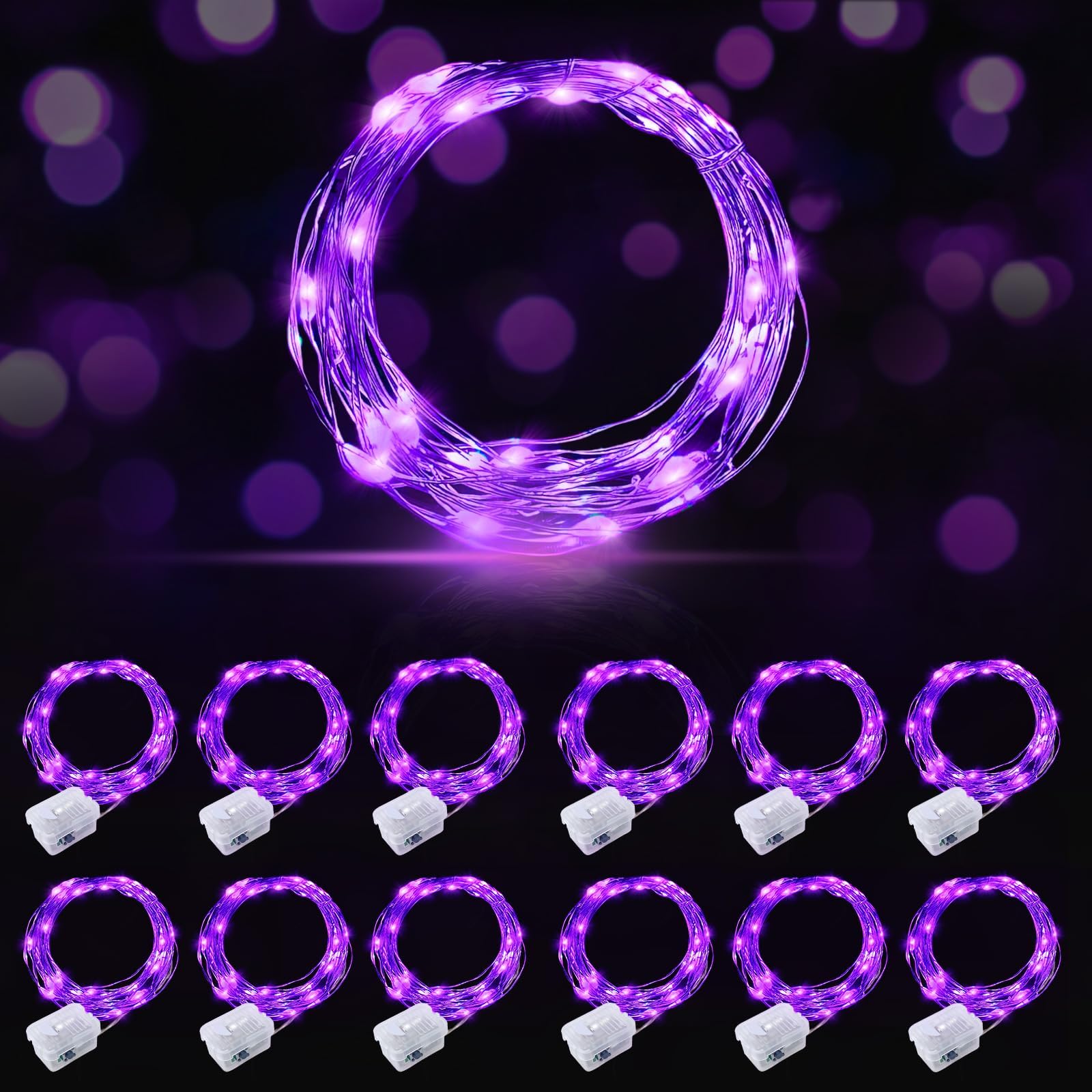 AIKEI LED Fairy Lights, 12 Pack, Battery Operated, Waterproof, 7ft, 20 LEDs, Purple, Model A01-Mini, Ideal for Decoration