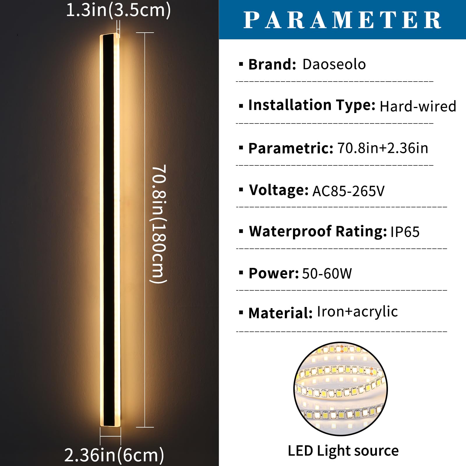Daoseolo 2 Pack Modern Outdoor Wall Light, 71inch LED Dimmable 3000K-6000K, IP65 Waterproof, Acrylic, Remote Control