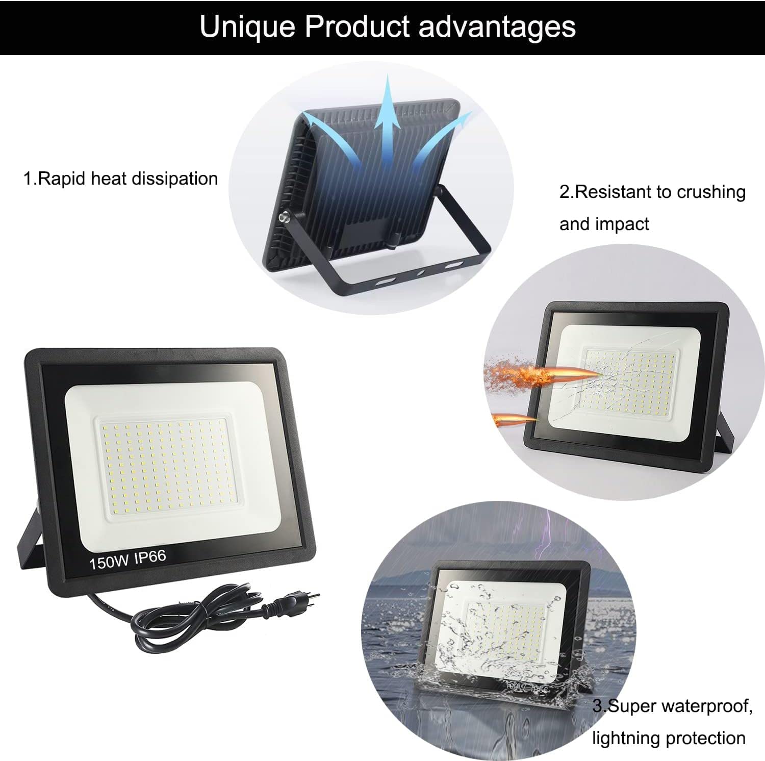 4Pack Led Flood Light Outdoor,150W Led Work Light 15000Lmwith 6Ft Us Plug,Ip66 Waterproof Exterior Security Lights,6000K Dayligh