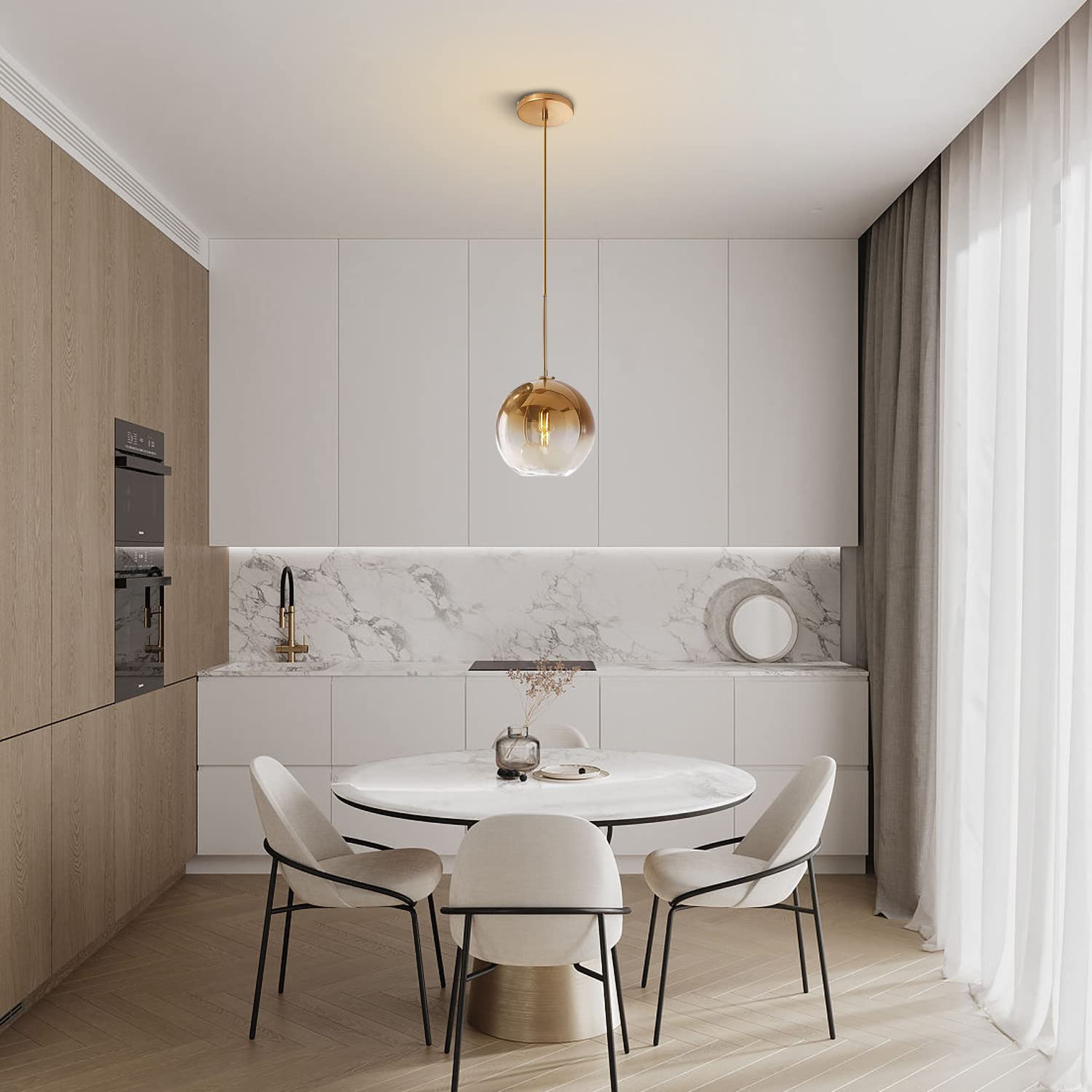 KCO Modern Gold Glass Pendant Light Fixture, 20cm Metal Globe Shade, 1-Light Chandelier for Kitchen Island & Hallway, Model L1072