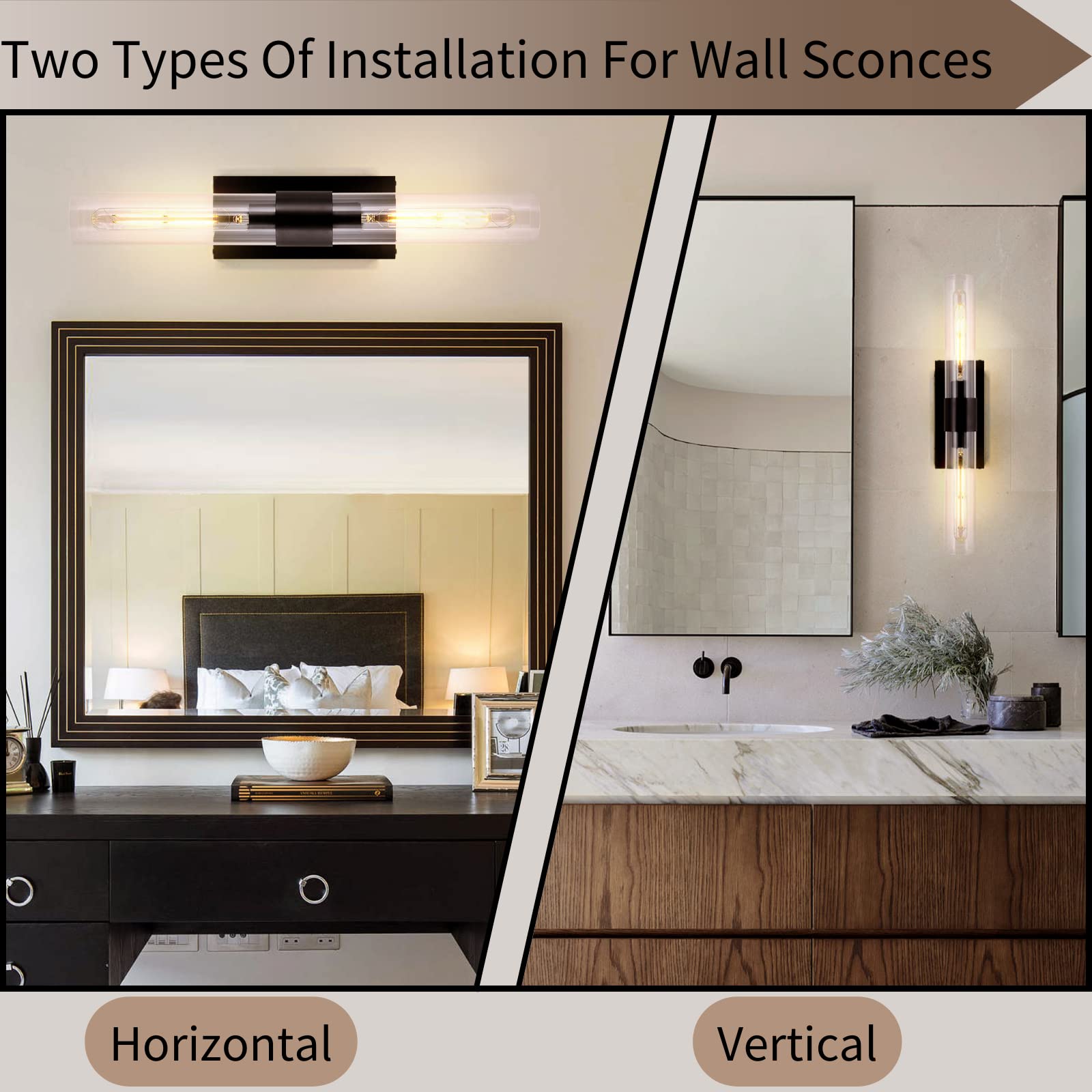 Zhtiechui Modern Wall Sconces, 22.8In Black, 2-Light Indoor Wall Mounted Sconces, Bathroom Vanity Light For Living Room, Bedroom