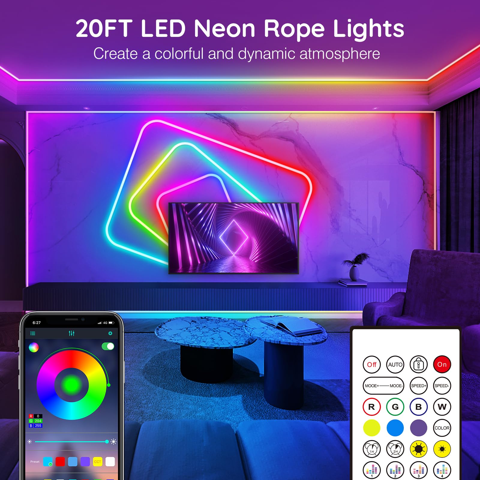 AILBTON Neon Rope Lights, 20FT Flexible LED, RGB Color, Waterproof, Music Sync, Model 150FT Led Neon BT1