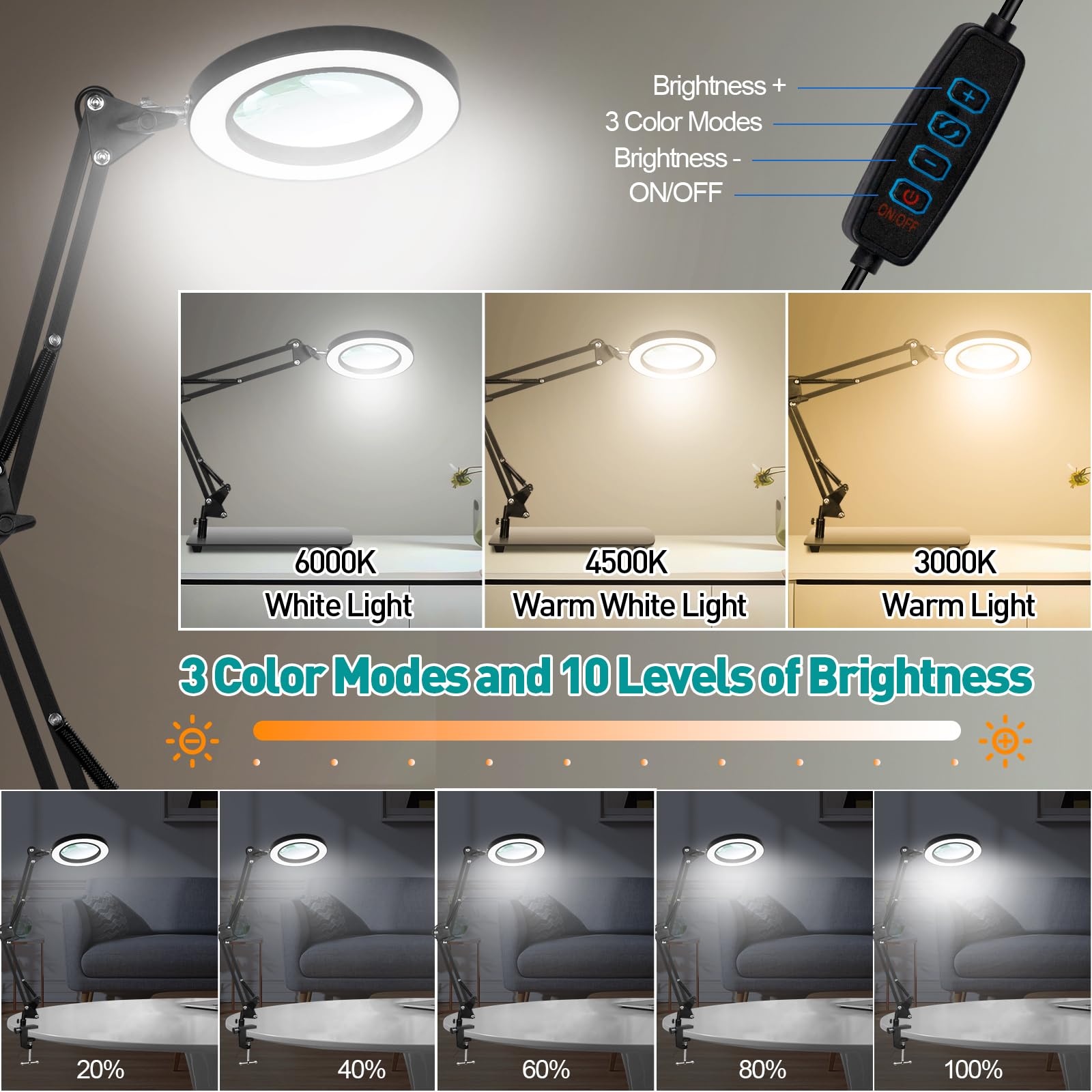 Kuvrs 10X Magnifying Glass With Light And Stand, 2,200 Lumens 3 Color Stepless Dimming Lighted Magnifier Light, 4 Pcb Pillars & Soldering Helping Hands Magnifying Lamp For Craft Electronic Project
