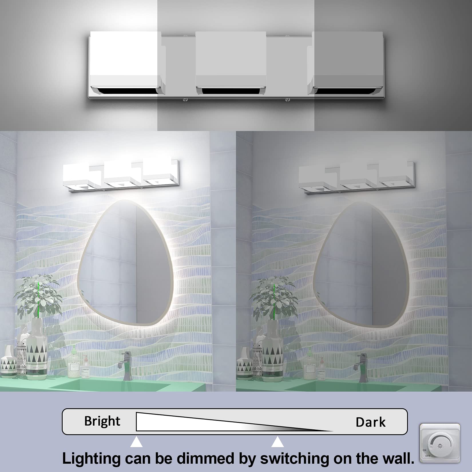 Tipace 3 Lights Dimmable LED Vanity Light Fixture, Chrome, Stainless Steel, Model 1103, 6000K White Light for Bathroom