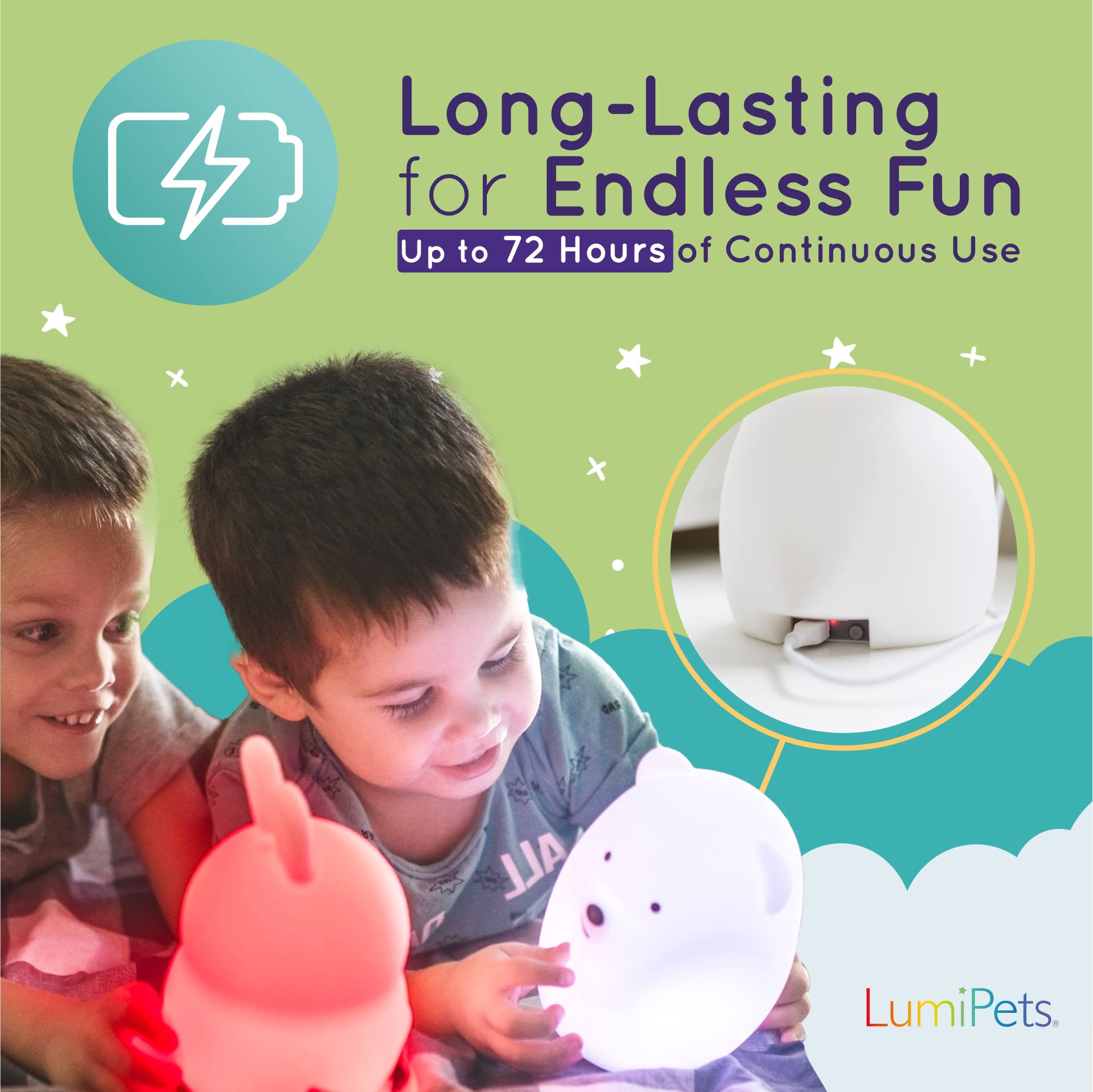 Lumipets Night Light Kids Lamp, Silicone Rubber, Rechargeable, Multicolor, 4 Piece Set, Model LumiPets2