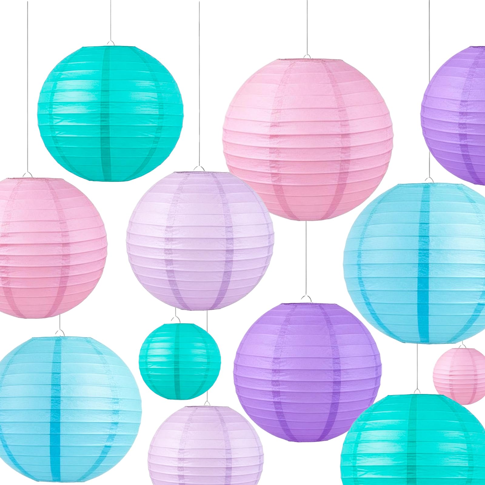 AimtoHome Pastel Paper Lanterns Set (12 Pcs) - 6/8/10 Inch Nilan, Pink, Purple, Lavender & Blue Round Hanging Paper Lanterns for