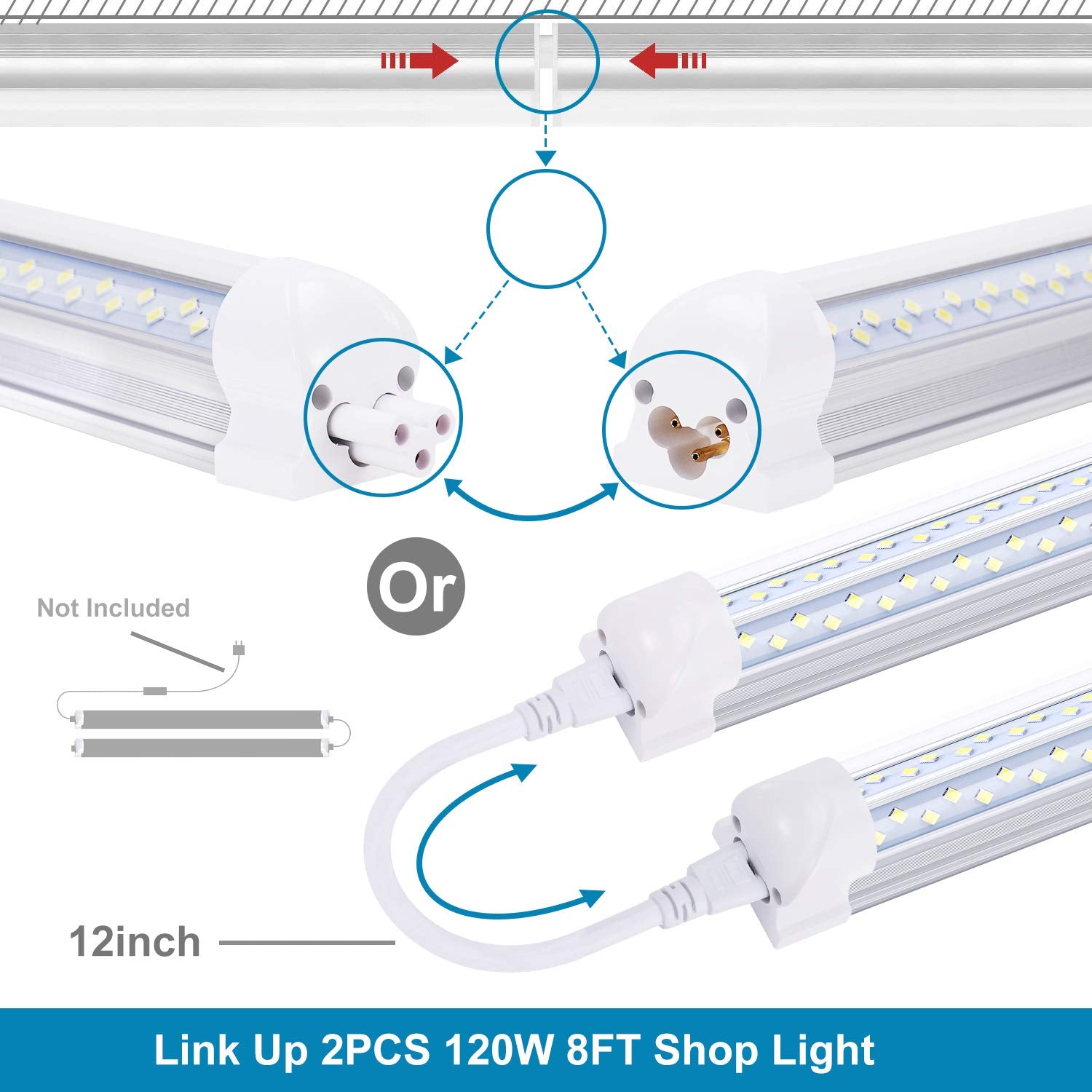 Ligheart 8Ft Led Shop Light (25-Pack) - 120W, 14400Lm, 6000K Cold White, V-Shape Clear Cover - High Output T8 Linkable Tube Ligh