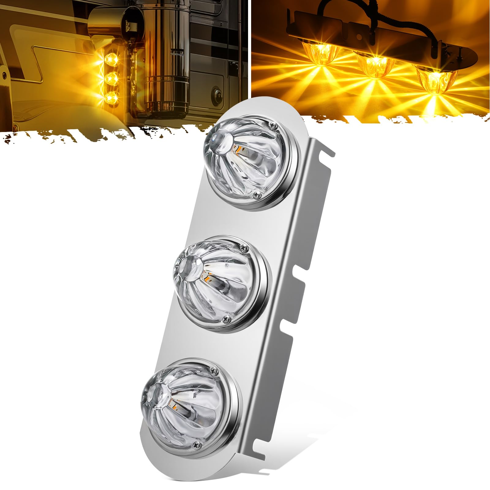 Partsam 1Pcs Radius-Style 14 Front Air Cleaner Light Bar with 3Pcs Glass Watermelon Lights  Stainless Steel Bracket  Compatible with Peterbilt Kenworth Freightliner Trucks  Clear Lens