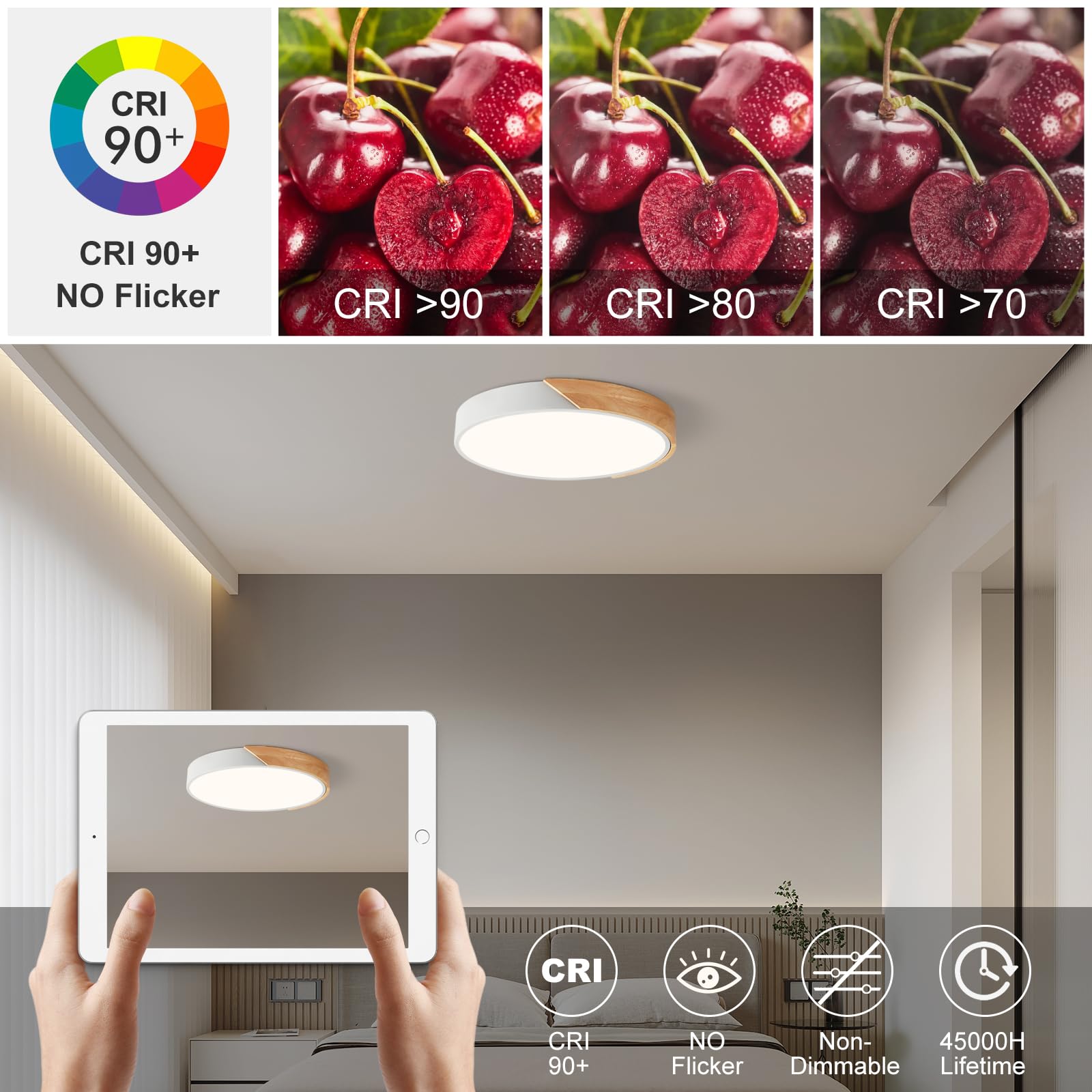 Vikaey Modern LED Ceiling Light Fixture, Minimalist Wood, 4000K, 15.8in , White