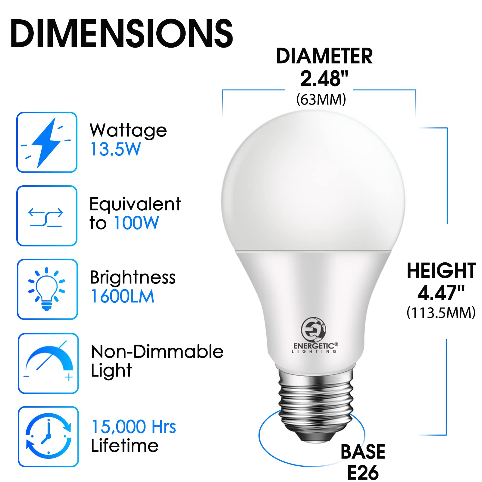 Energetic 100W Equivalent, A19 Led Light Bulb, Warm White 3000K, E26 Base, Non-Dimmable, 1600Lm, Ul Listed, 4-Pack