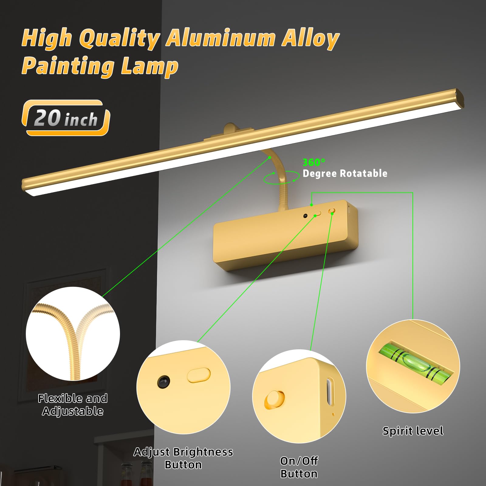 Lightbiz Picture Light with Remote, 20inch Gold Aluminum Art Light, Dimmable, Timer for Paintings and Gallery Display