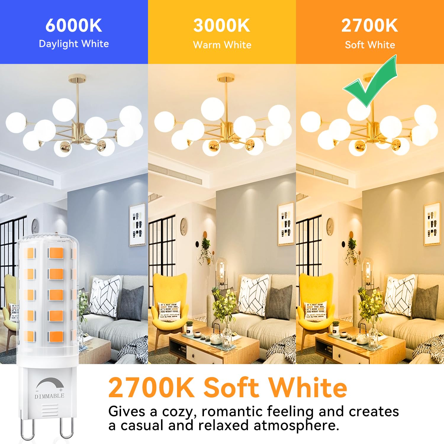 Tjoy Dimmable G9 Led Bulb 4W Equivalent 40 Watt, 2700K Soft Warm White, T4 G9 Bi-Pin Base Halogen Replacement, G 9 Socket Light