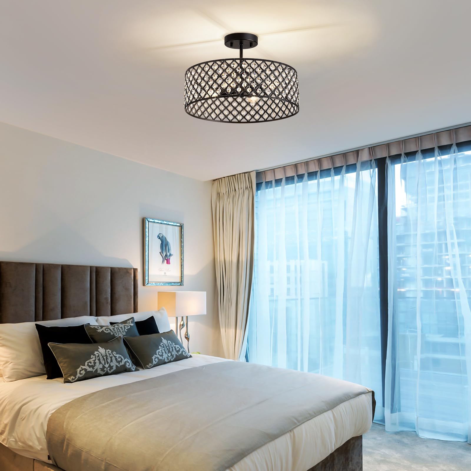 Bzvesr Black Crystal Ceiling Light Fixture Modern Semi Flush Mount Ceiling Lighting Fixture Round Small Chandelier For Dining Room  Hallway  Entryway  Kitchen  Bedroom Foyer 4 Light 15.7 Inch