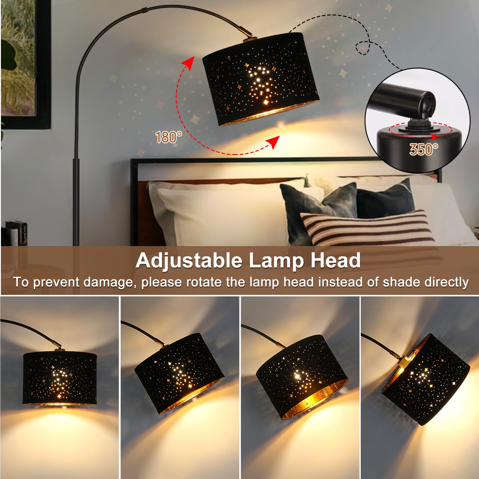 Modern Arc Floor Lamp, Tall Pole Lamp With Black Stars Lampshade, Arched Reading Light With Adjustable Lamp Head, Over Couch Han