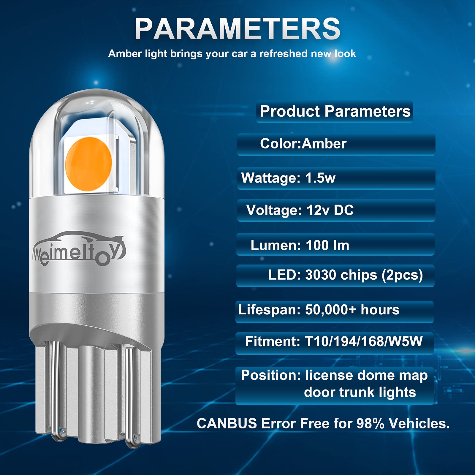 WEIMELTOY 194 LED Car Bulb Amber Yellow 3030 Chipset T10 194 168 W5W 12V License Plate Light 12pcs/pack