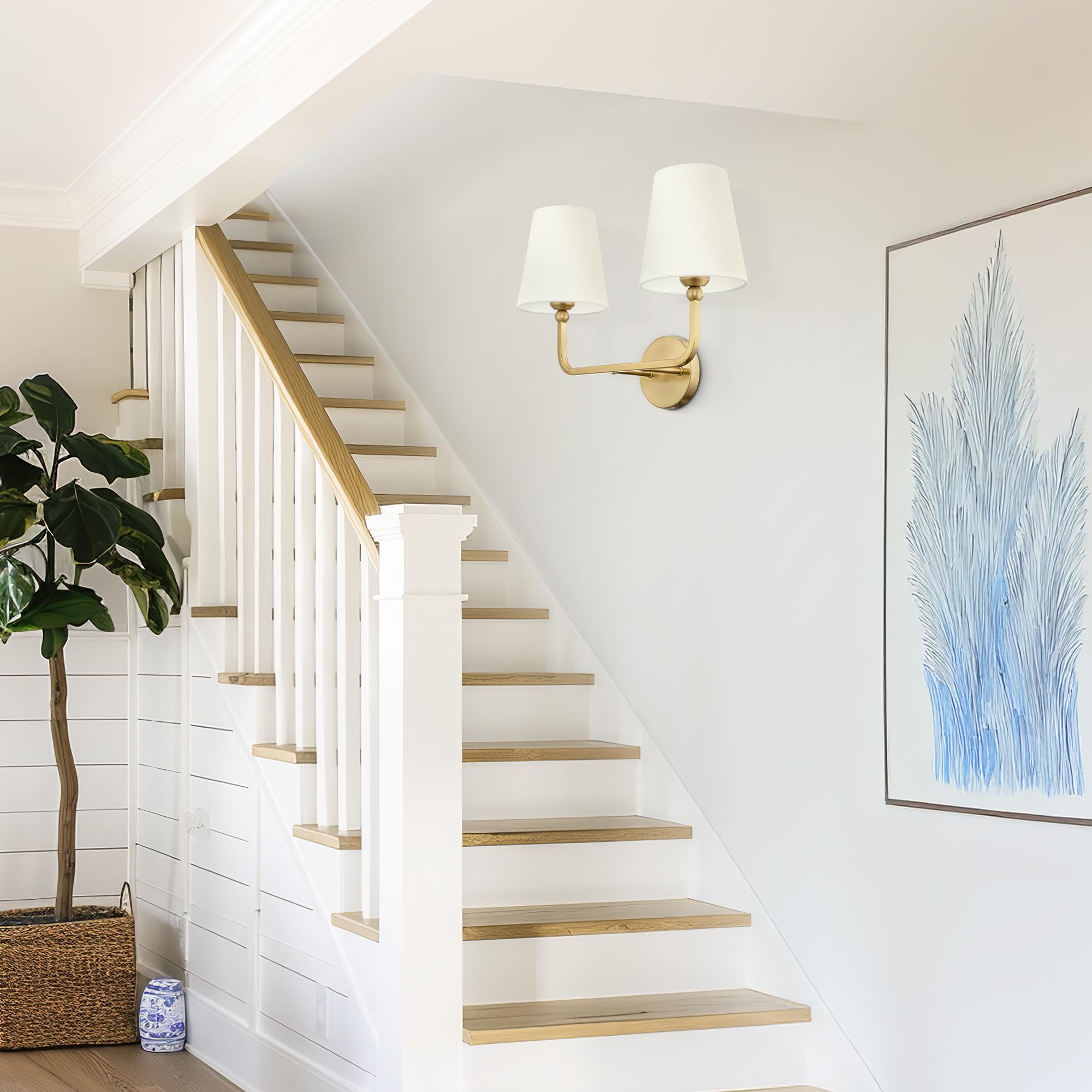 METWET 2-Light Bathroom Light Fixtures, Brushed Gold Metal Sconces with Beige Shade, Model VL837-BG-B-2