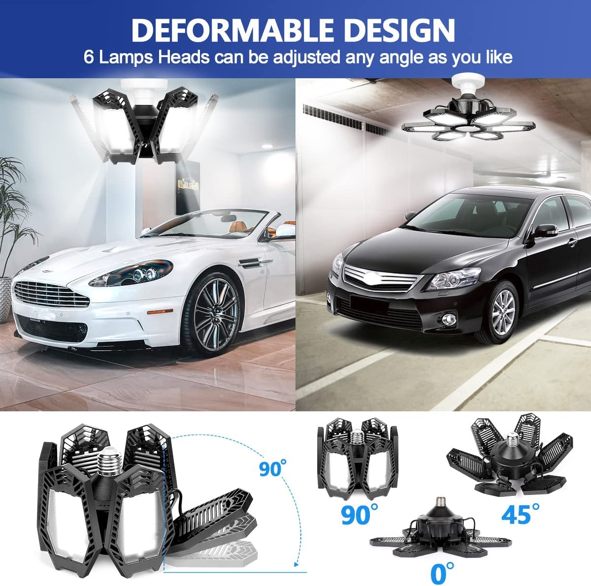 2 Pack LED Garage Lights, Deformable LED Garage Ceiling Light Deformable Light with 6 Adjustable Panels for Garage Workshop Base