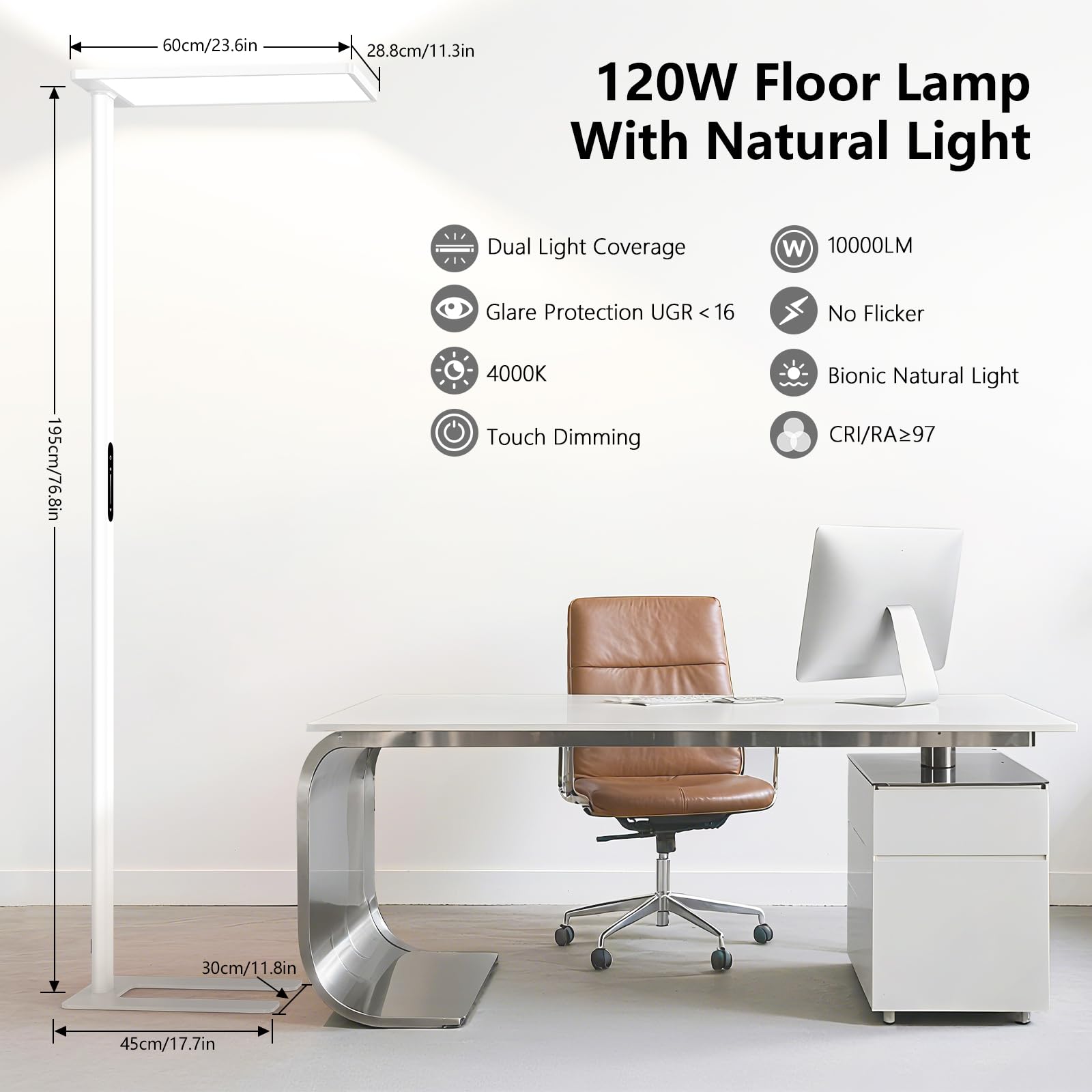 ORITHAM 120W LED Floor Lamp, 10000LM Full Spectrum, 77" Tall, Dimmable, White, Model V031WC-1T for Home & Office