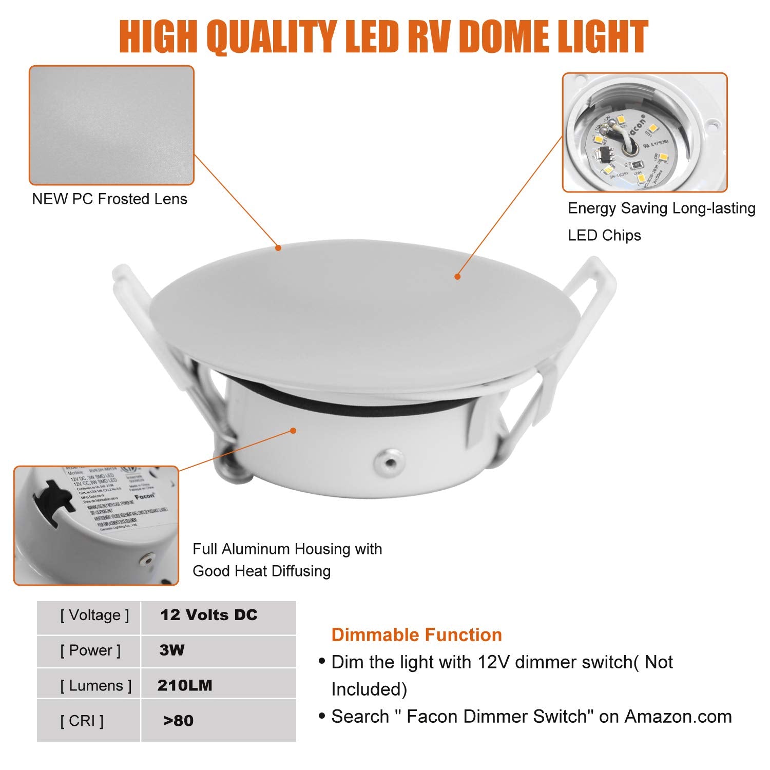 Facon 3 Inch LED RV Puck Light, Aluminum Recessed Down Light, 4000K Cool White, 12V, 6 Packs