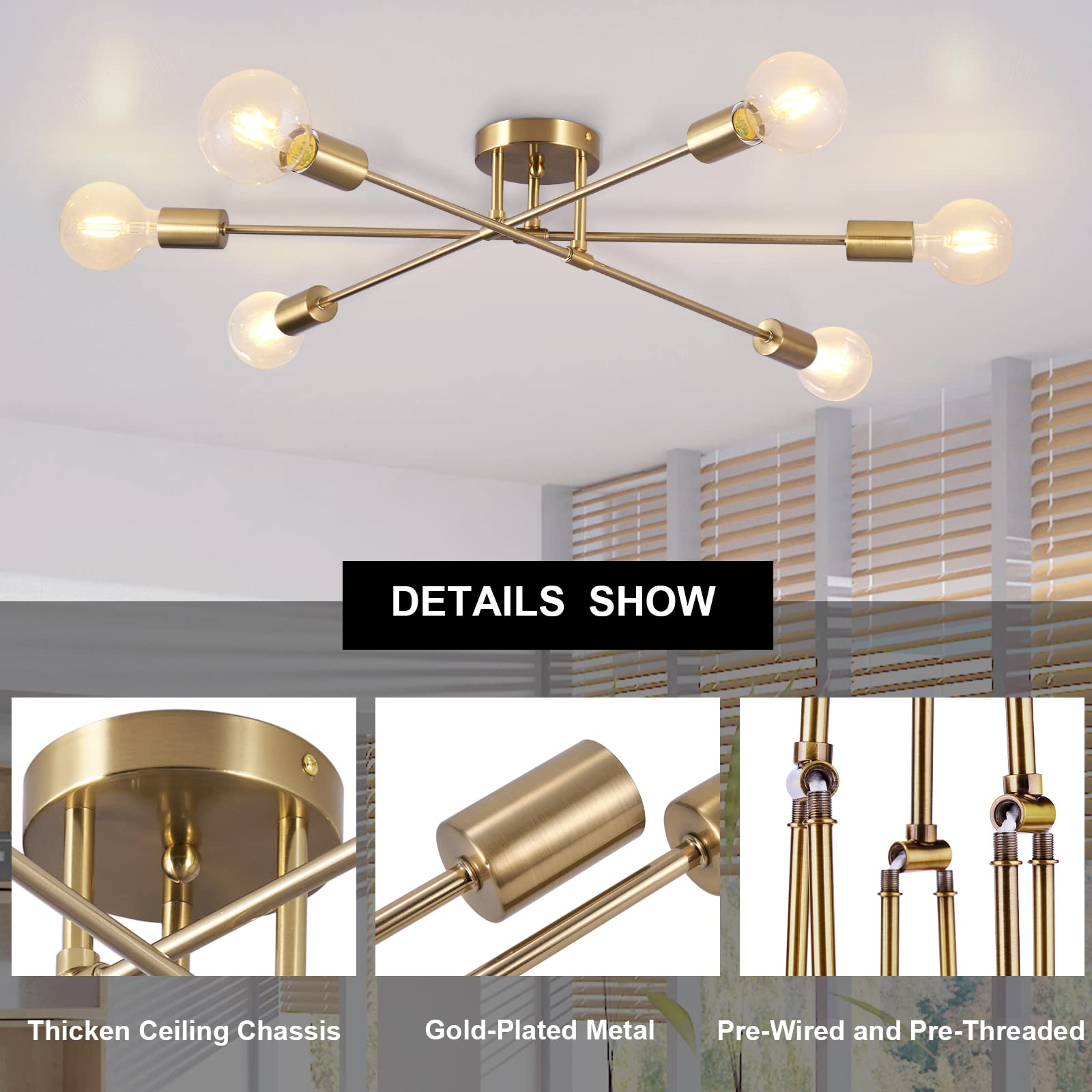 Brknit 6-Light Brass Semi Flush Mount Ceiling Light, Mid Century Industrial Chandelier