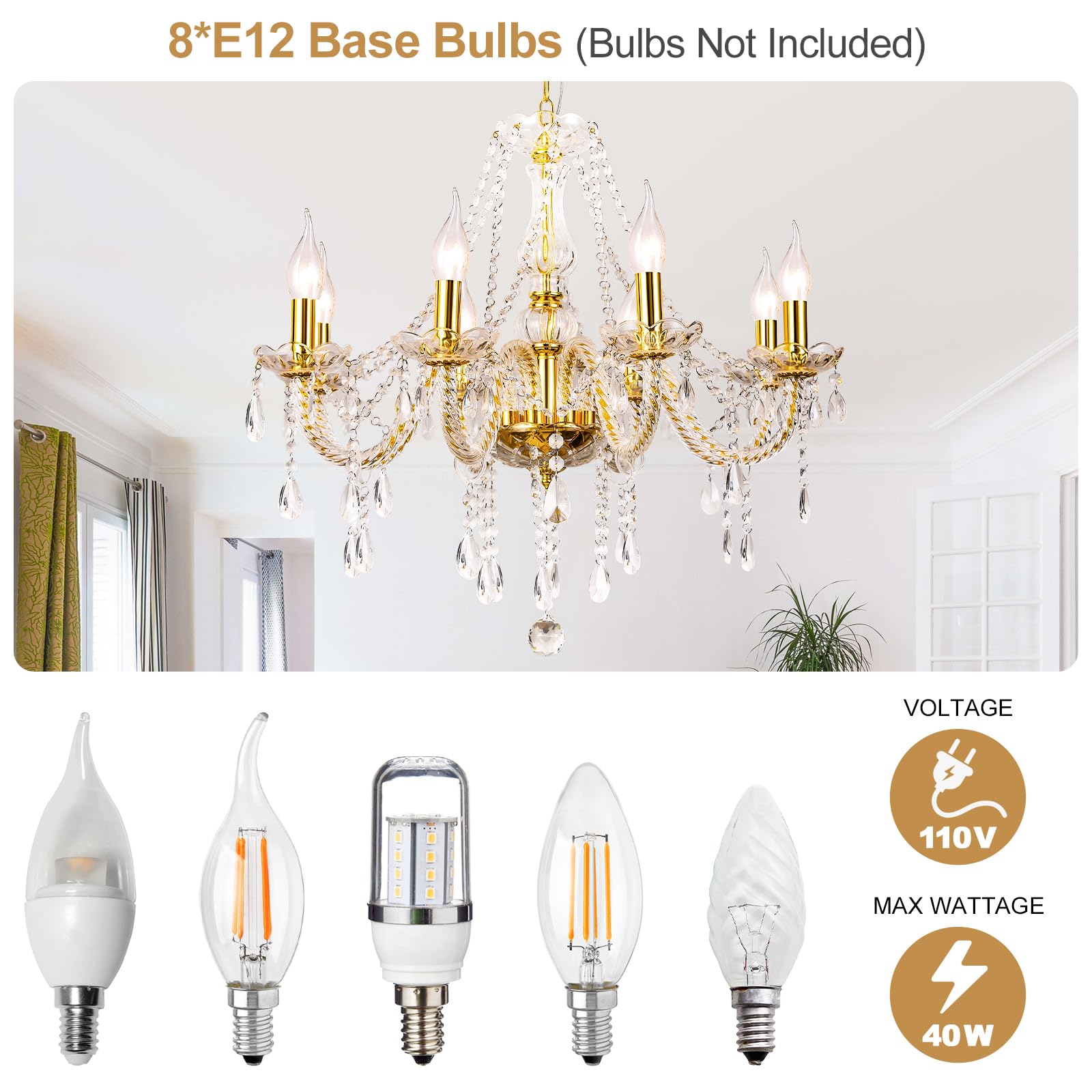 Baotree Modern Elegant 8 Lights K9 Crystal Glass Chandelier Golden Pendant Ceiling Lighting European Style For Dining Living Roo
