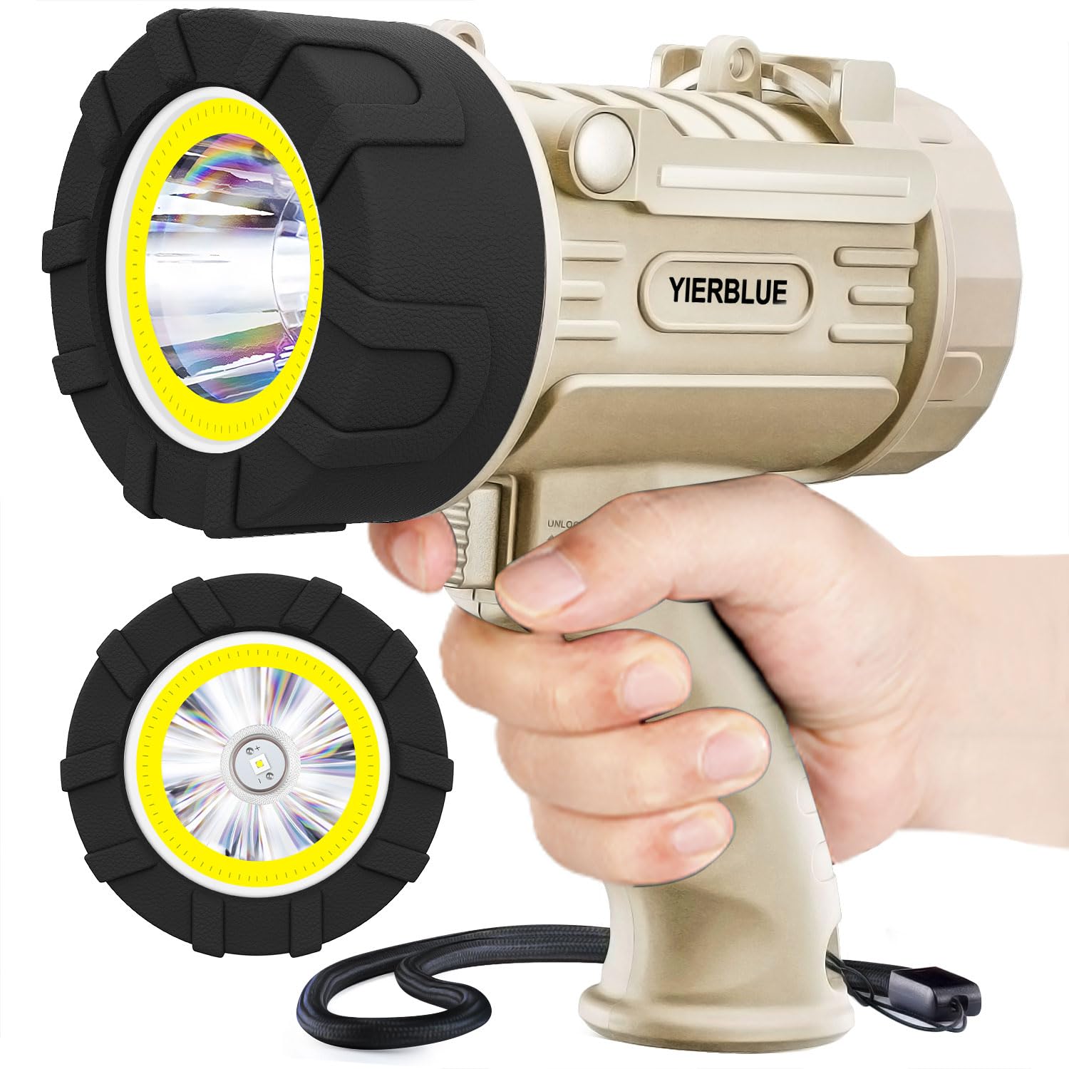 YIERBLUE Rechargeable Spotlight Floodlight 1000,000 Lumen, IP67 Waterproof, Impact Resistant, Model YBN-COBP, Color Pearl Ultra