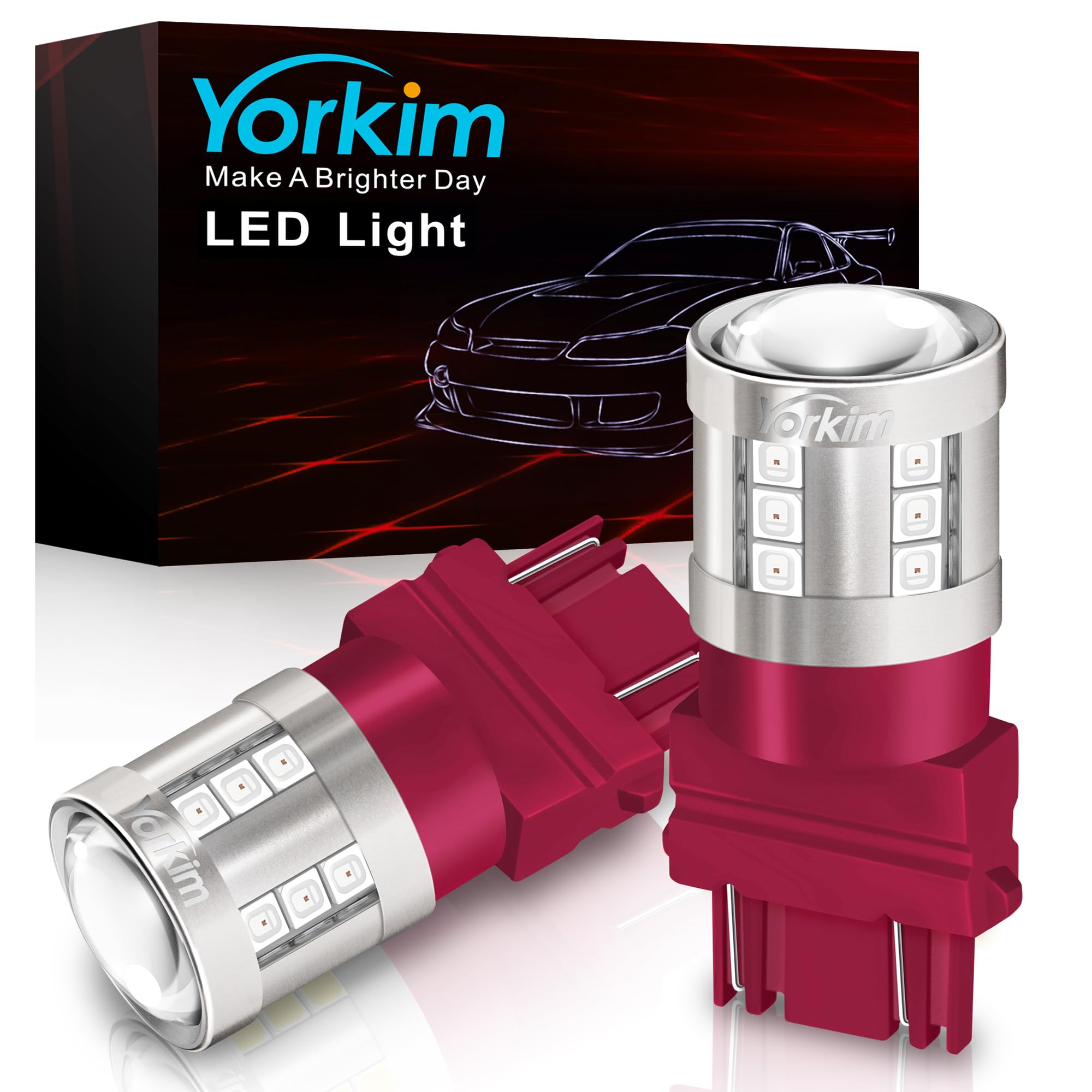 Yorkim LED Brake Light Bulb 3157, Red, LED Replacement Lamp for Stop Lights and Tail Lights, Pack of 2