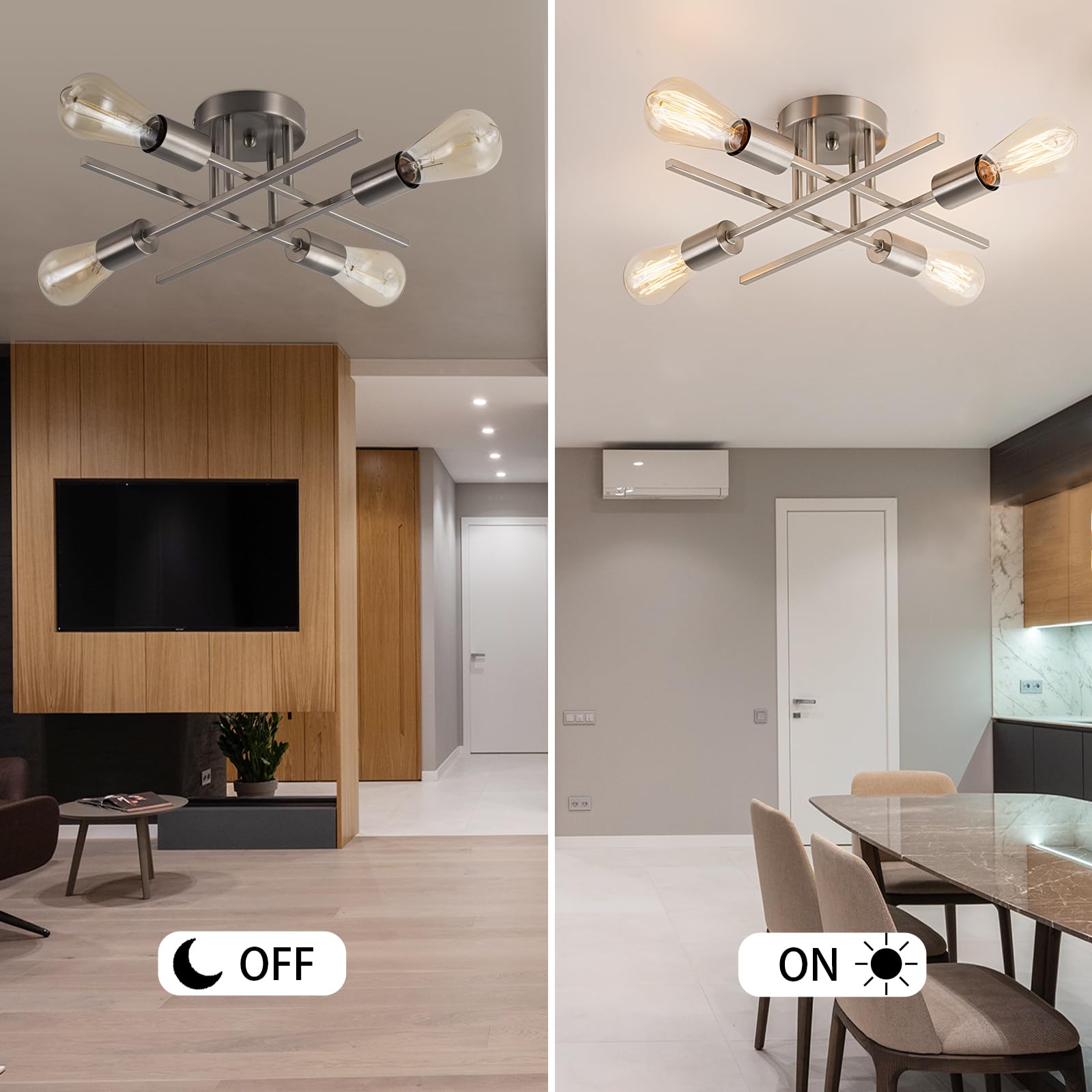 Brknit 4-Light Silver Sputnik Chandelier, Modern Metal Semi Flush Mount Ceiling Light