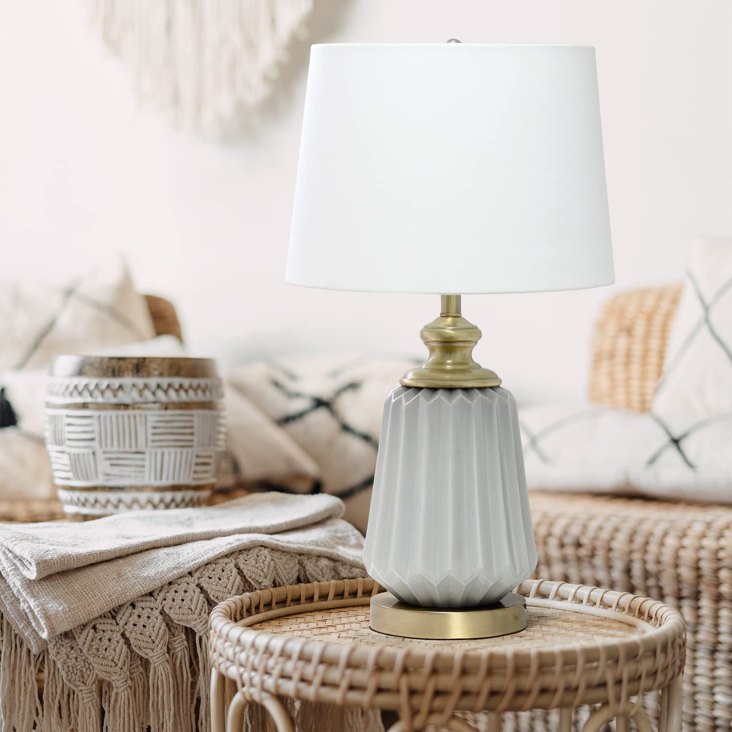 Elegant Designs LT1092-GRY Ceramic Bedside Table Lamp, 25in Traditional Farmhouse Style, Gray with Metal Accents and White Shade