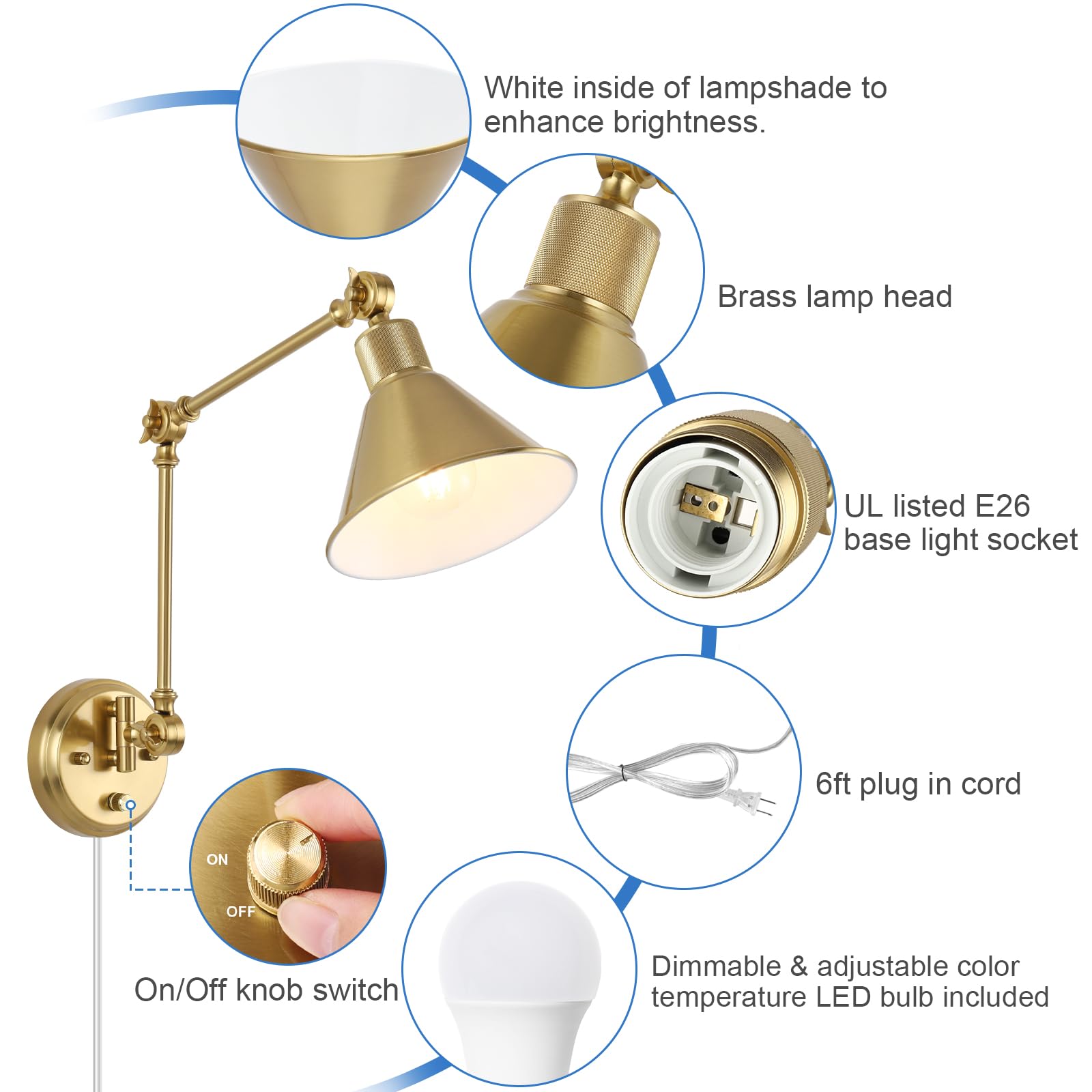 TRLIFE Wall Sconce - Dimmable Brass Swing Arm Lights with Remote, 2 Pack, Adjustable Color Temp 2700K-6000K, UL Listed