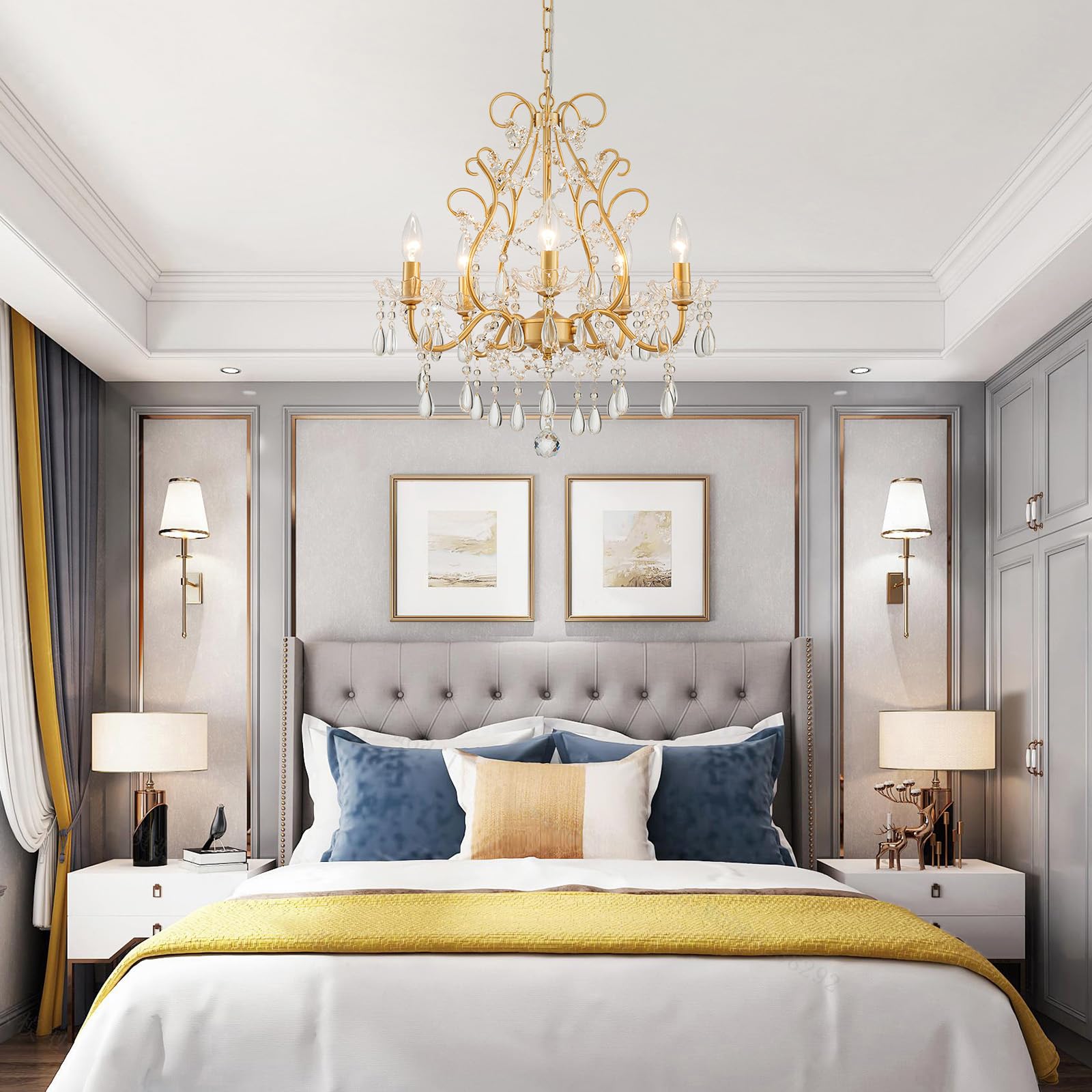 Wuzups 5-Light Crystal Candle Chandelier Pendant Ceiling Light Modern Lighting Fixture For Bedroom Hallway Bar Kitchen Bathroom  H 23.2 W 20.7  E12 Base  Gold